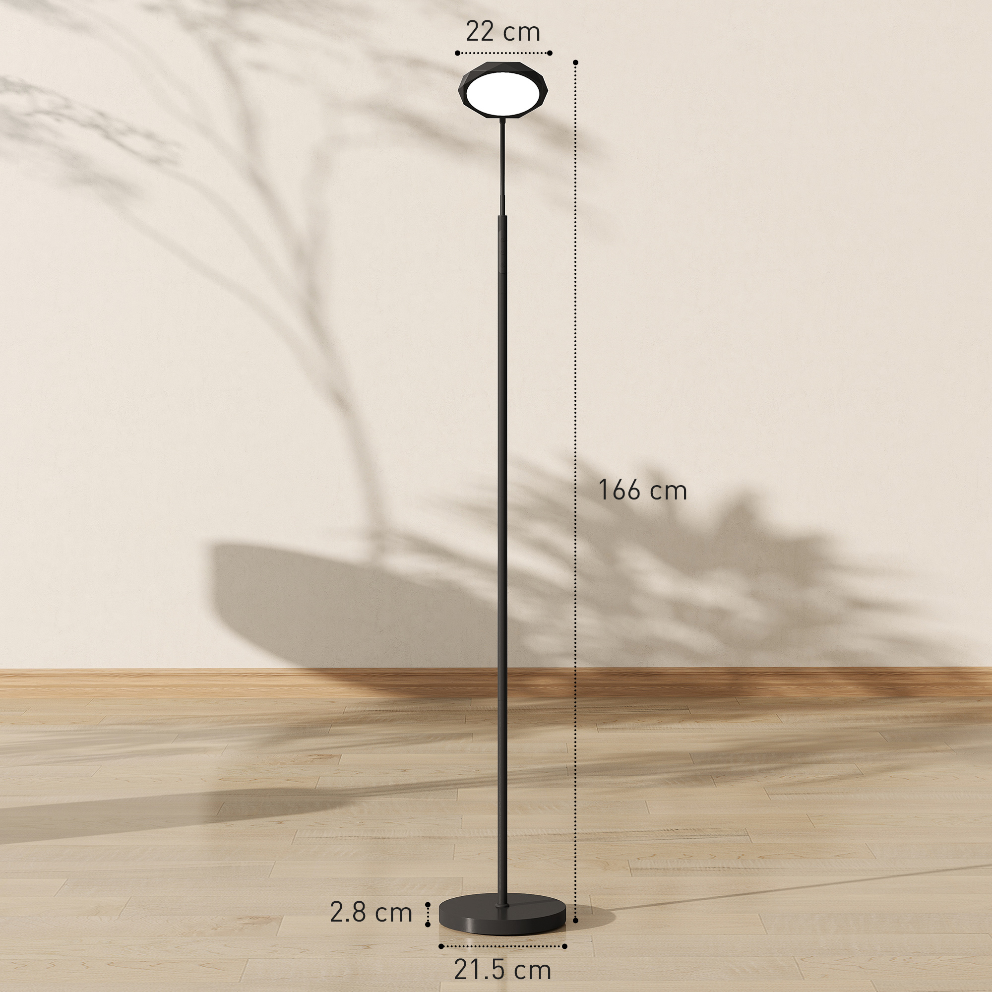 Una lampada da terra nera, alta e snella, con luce circolare. Dimensioni mostrate.