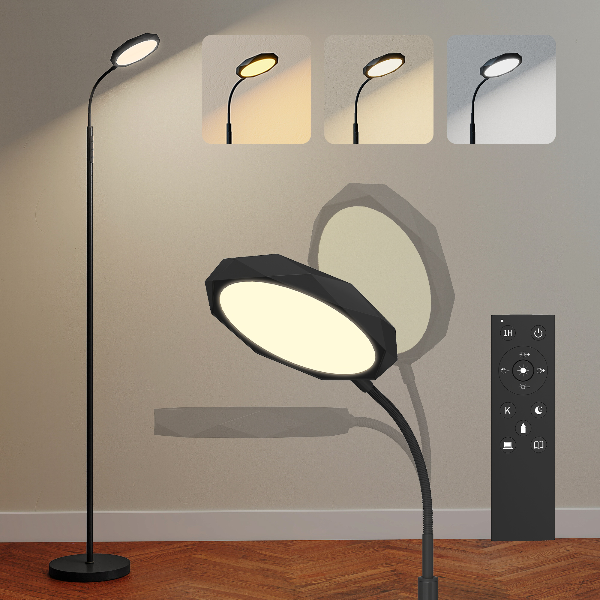 Una lampada da terra nera con paralume moderno e sfaccettato emette luce. Viene mostrato un telecomando.