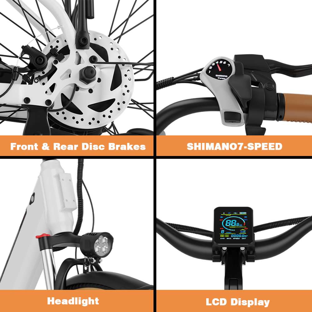 Particolare ravvicinato di freni a disco, cambio, faro e display LCD di una bici.