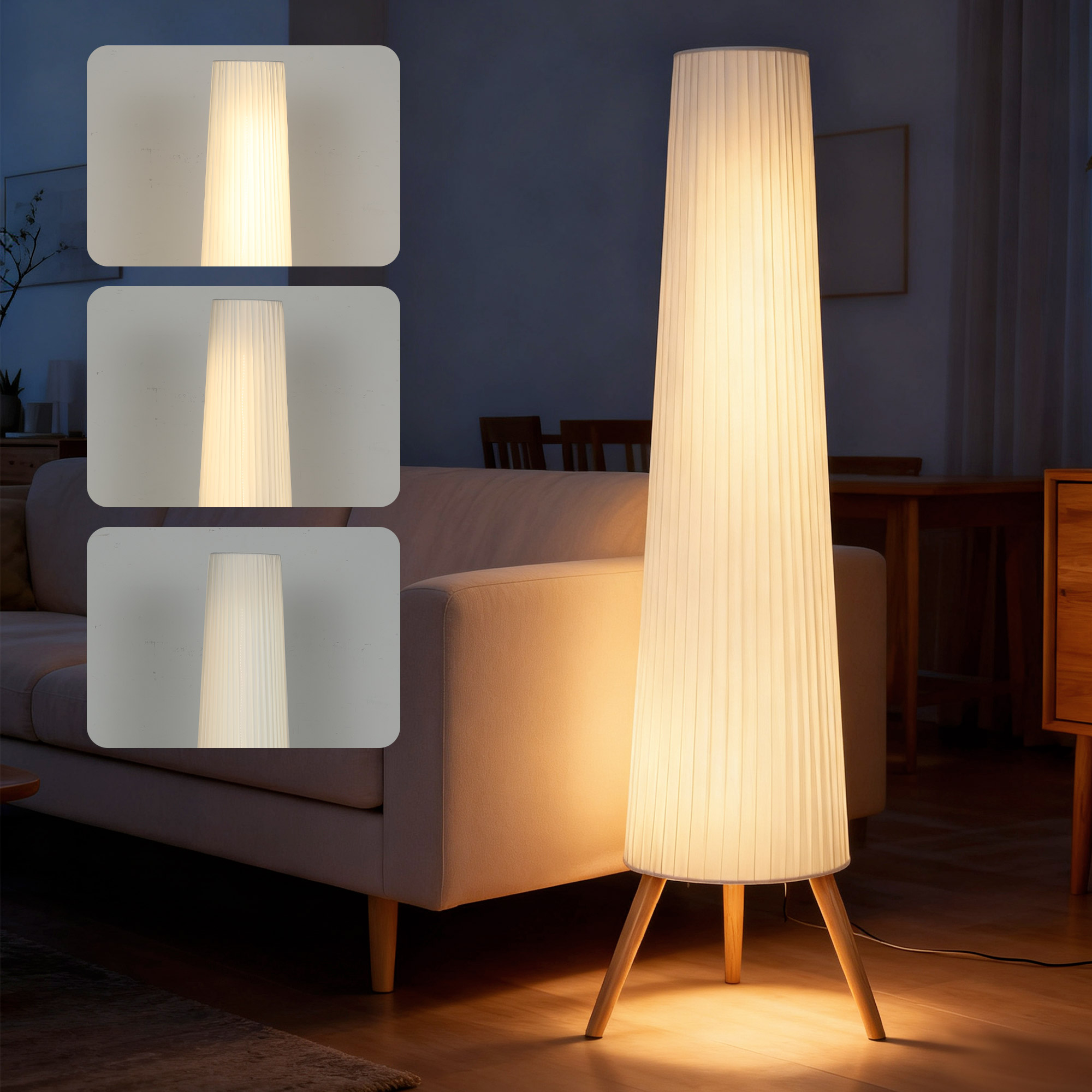 Lampada da terra chiara con paralume in tessuto plissettato accanto a un divano.