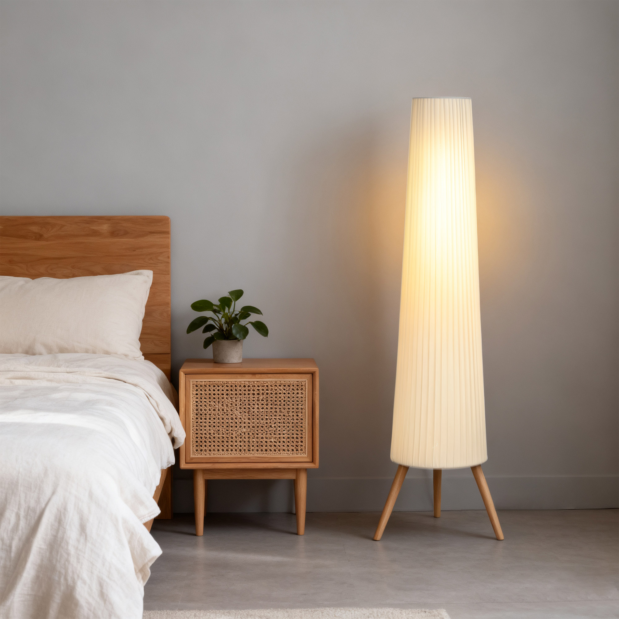 Comodino in legno con dettaglio in rattan accanto a un letto con lenzuola bianche.