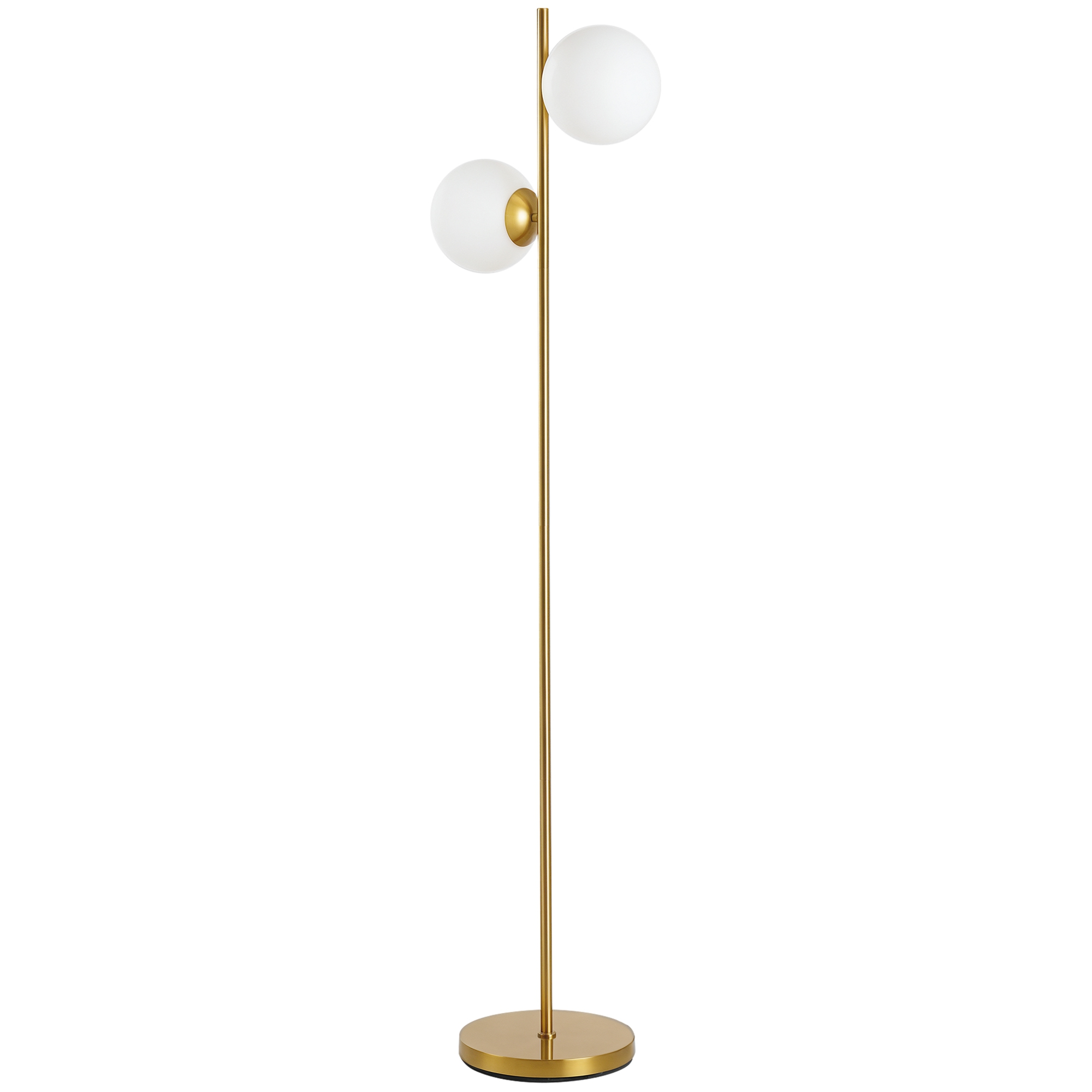 Lampada da terra dorata con due sfere di vetro bianche su sfondo bianco.