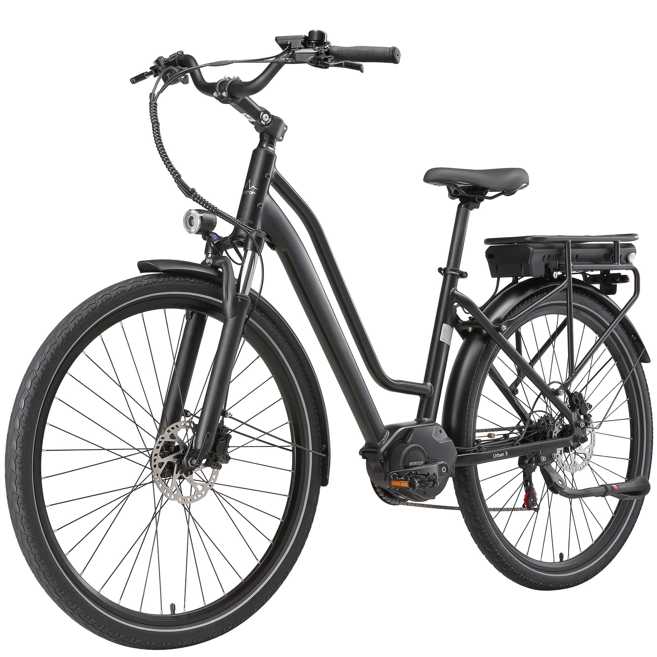 Schwarzes E-Bike mit Gepäckträger, Akku und Federgabel.