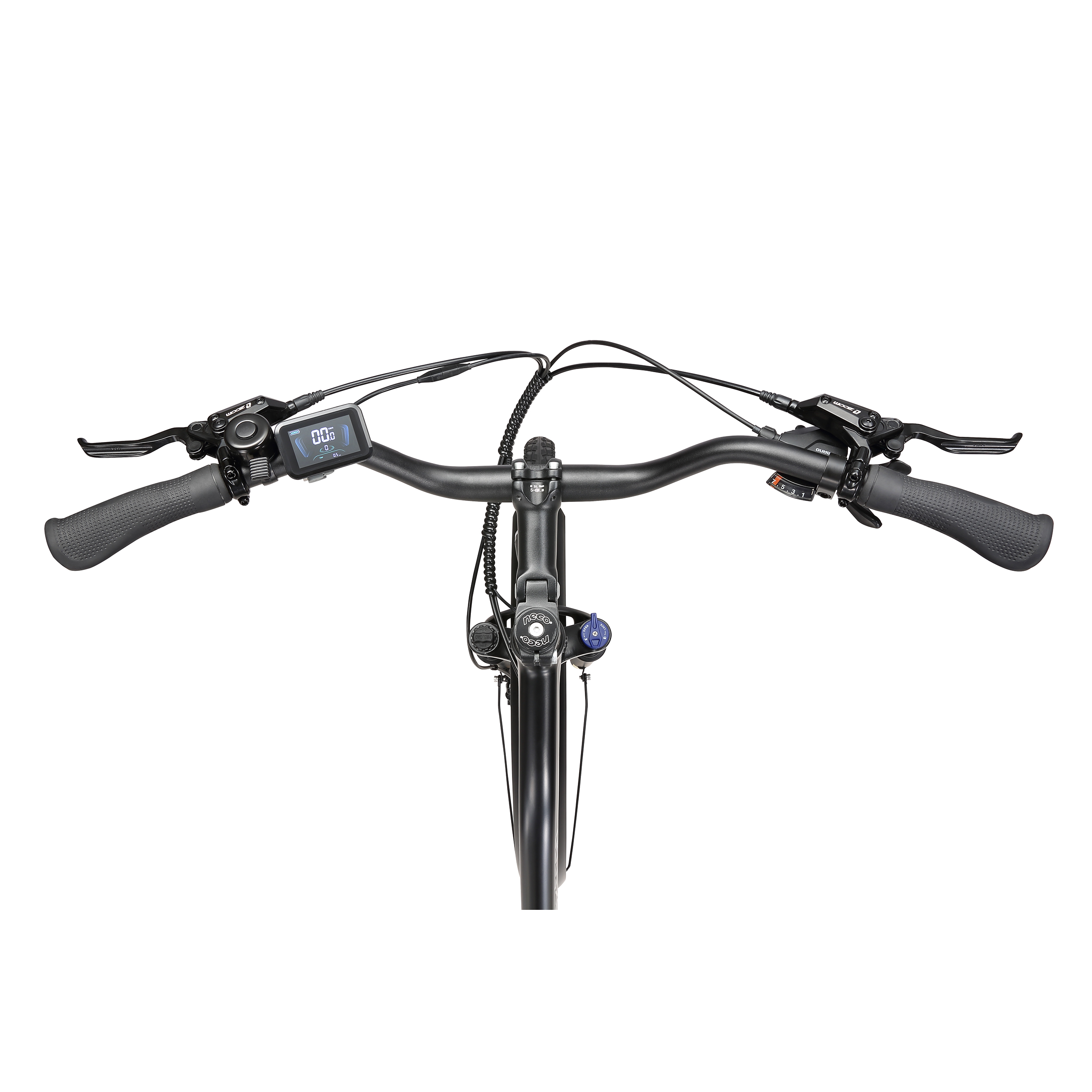 Fahrradlenker mit Display, Griffen, Bremsen und Schalthebel.