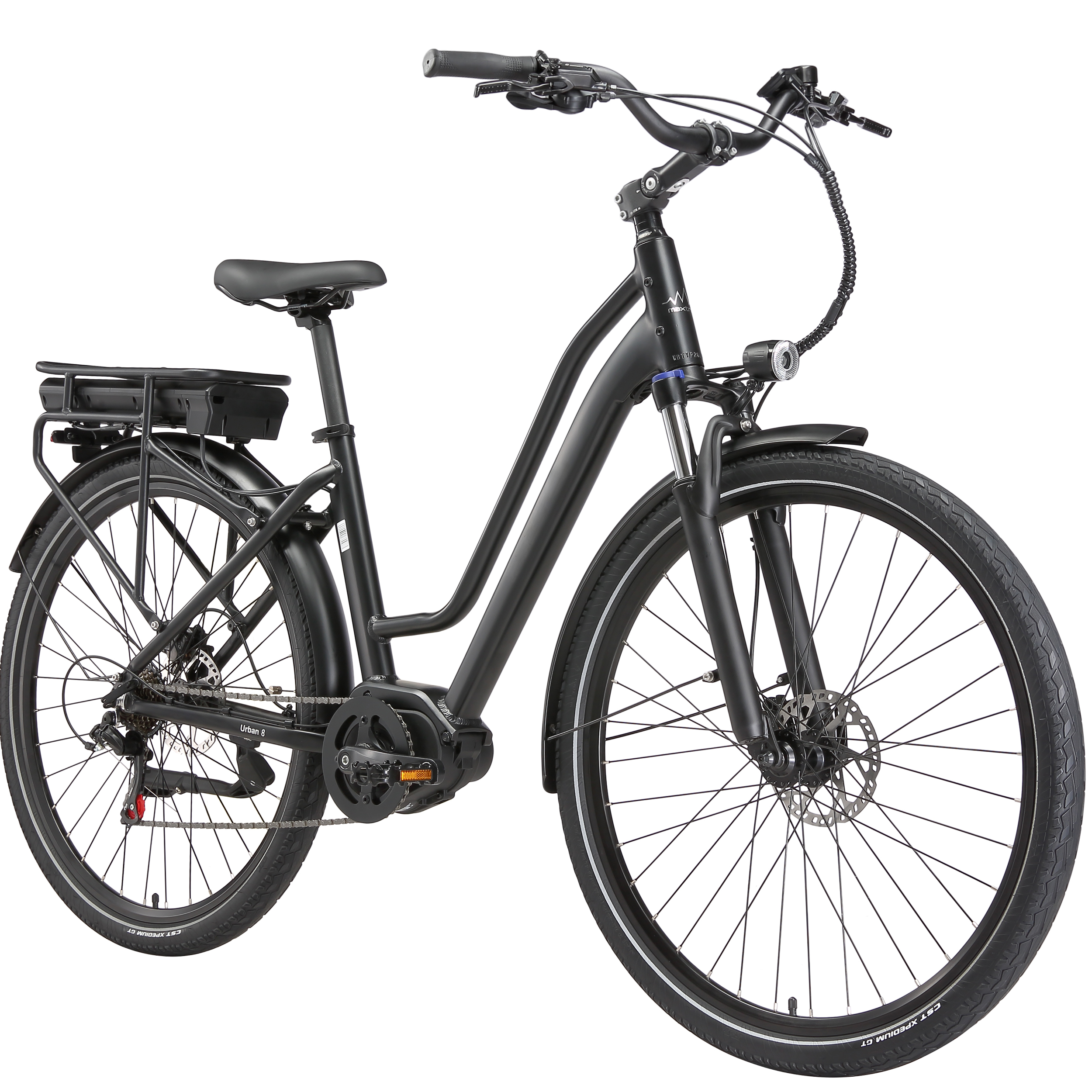 Ein schwarzes Elektrofahrrad mit Gepäckträger und Akku, auf weißem Hintergrund.