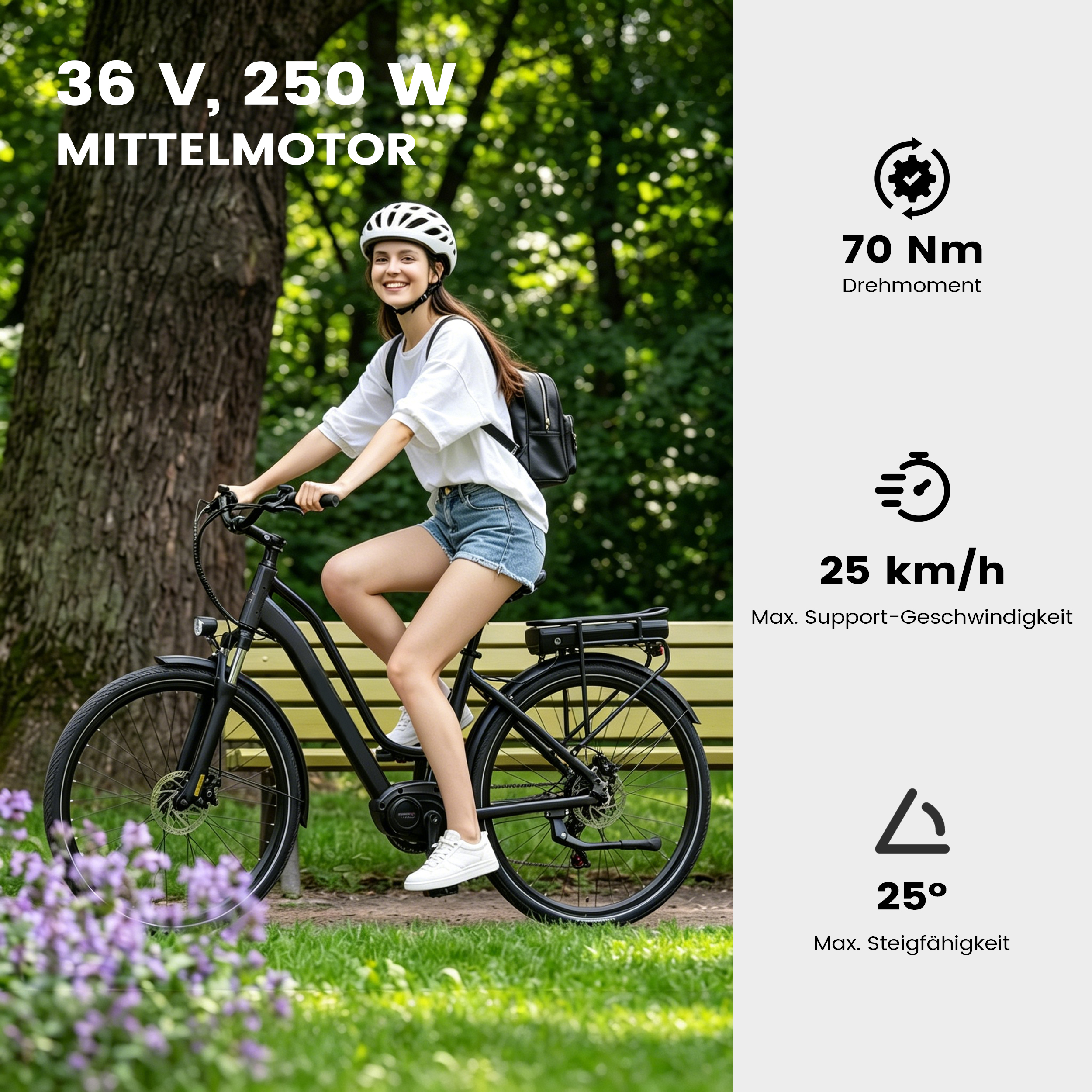 Eine Frau fährt ein schwarzes E-Bike im Grünen. Spezifikationen sind auf dem Bild.