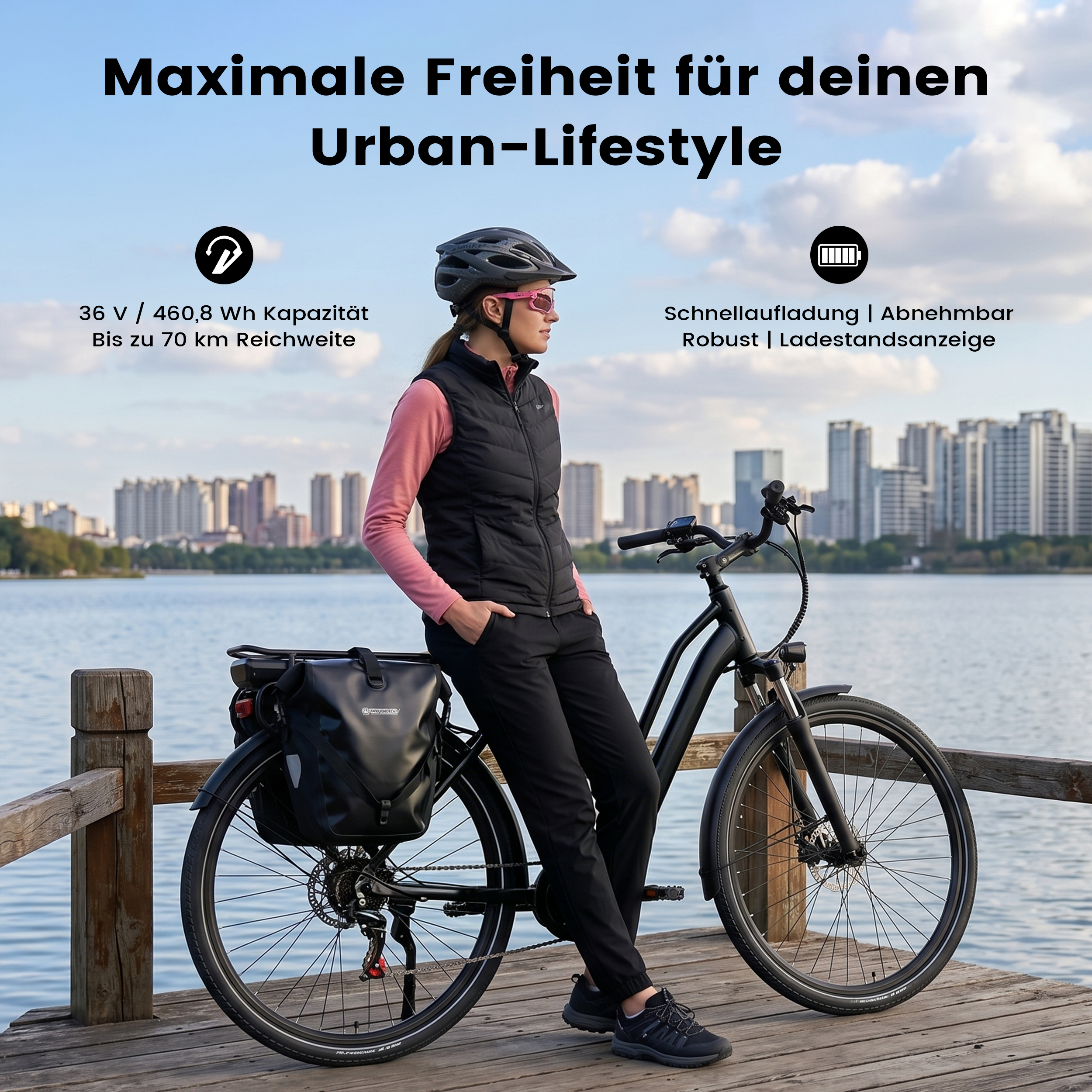 Eine Frau in Sportkleidung steht neben einem E-Bike auf einer Holzplattform am Wasser.