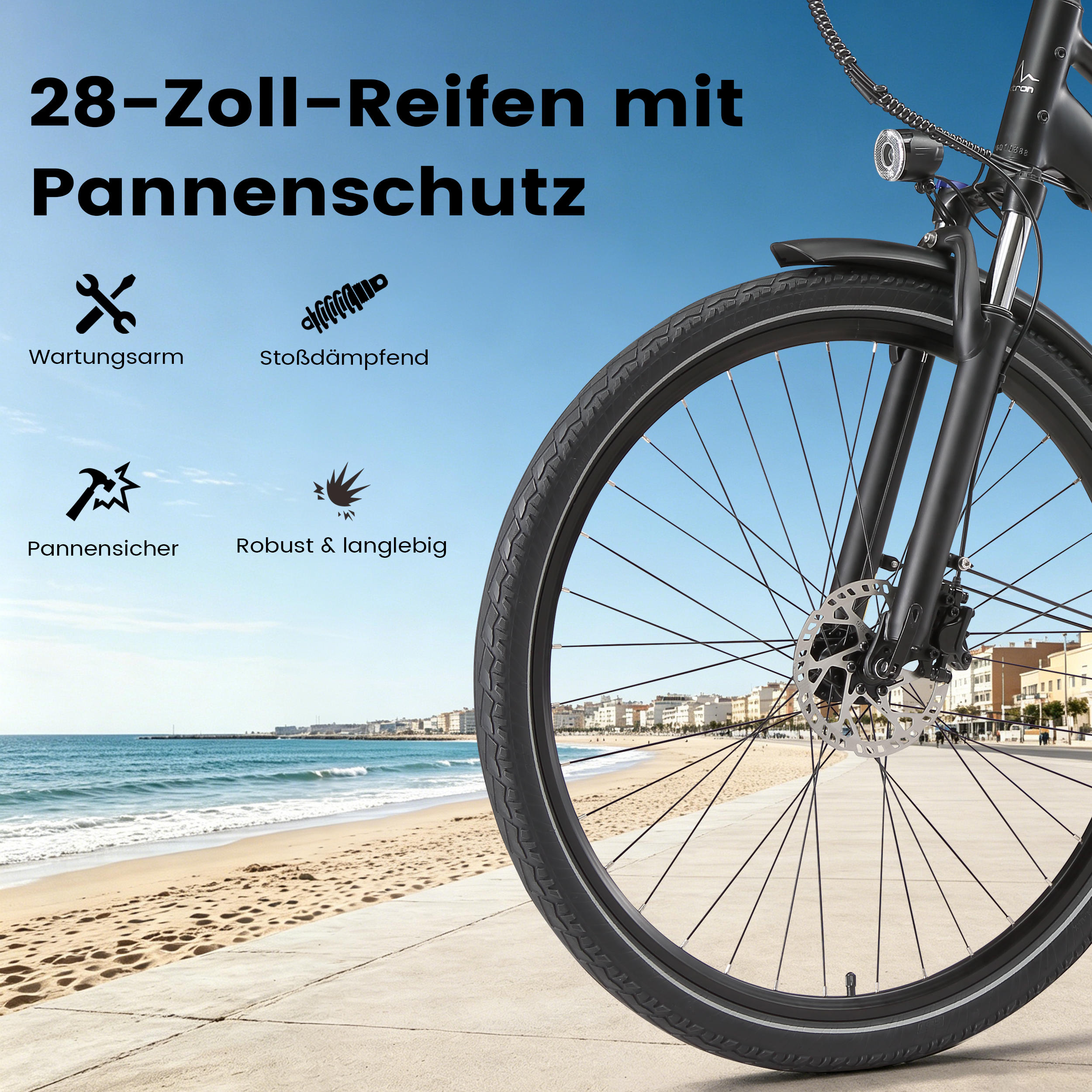Nahaufnahme eines Fahrradreifens mit Text über Pannenschutz, Stoßdämpfung und Langlebigkeit.