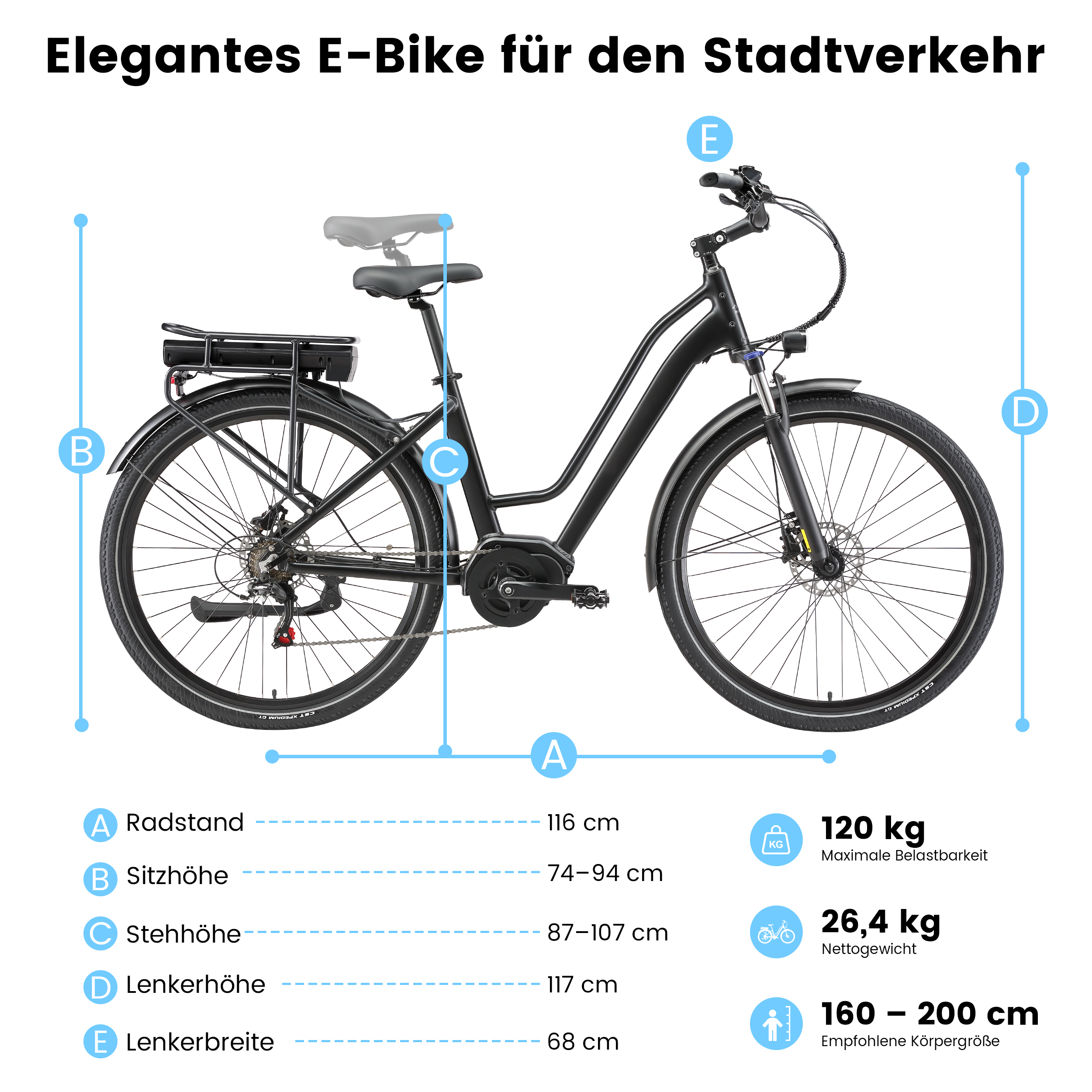 Schwarzes E-Bike mit Messlinien und Spezifikationen für Radstand, Höhe, Gewicht.