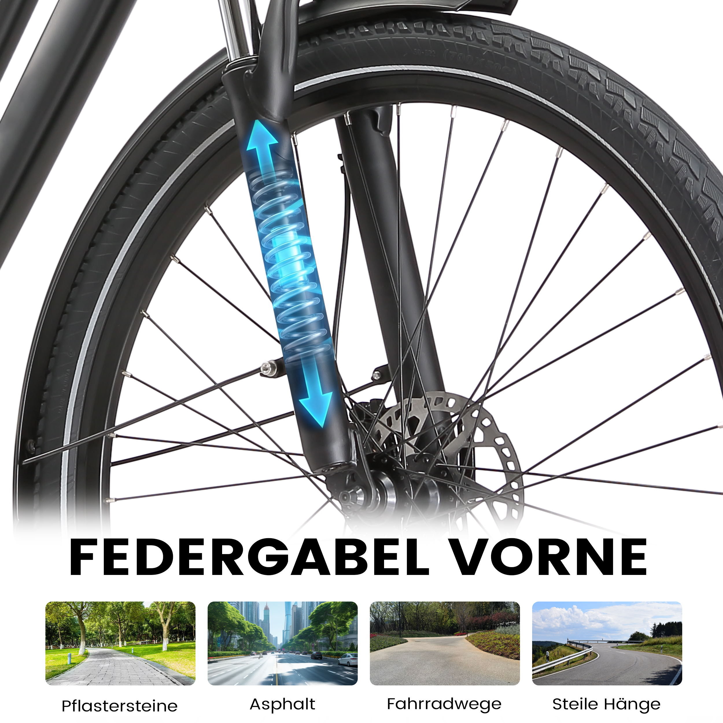 Fahrradgabel mit blauen Pfeilen, die Stoßdämpfung zeigen.
