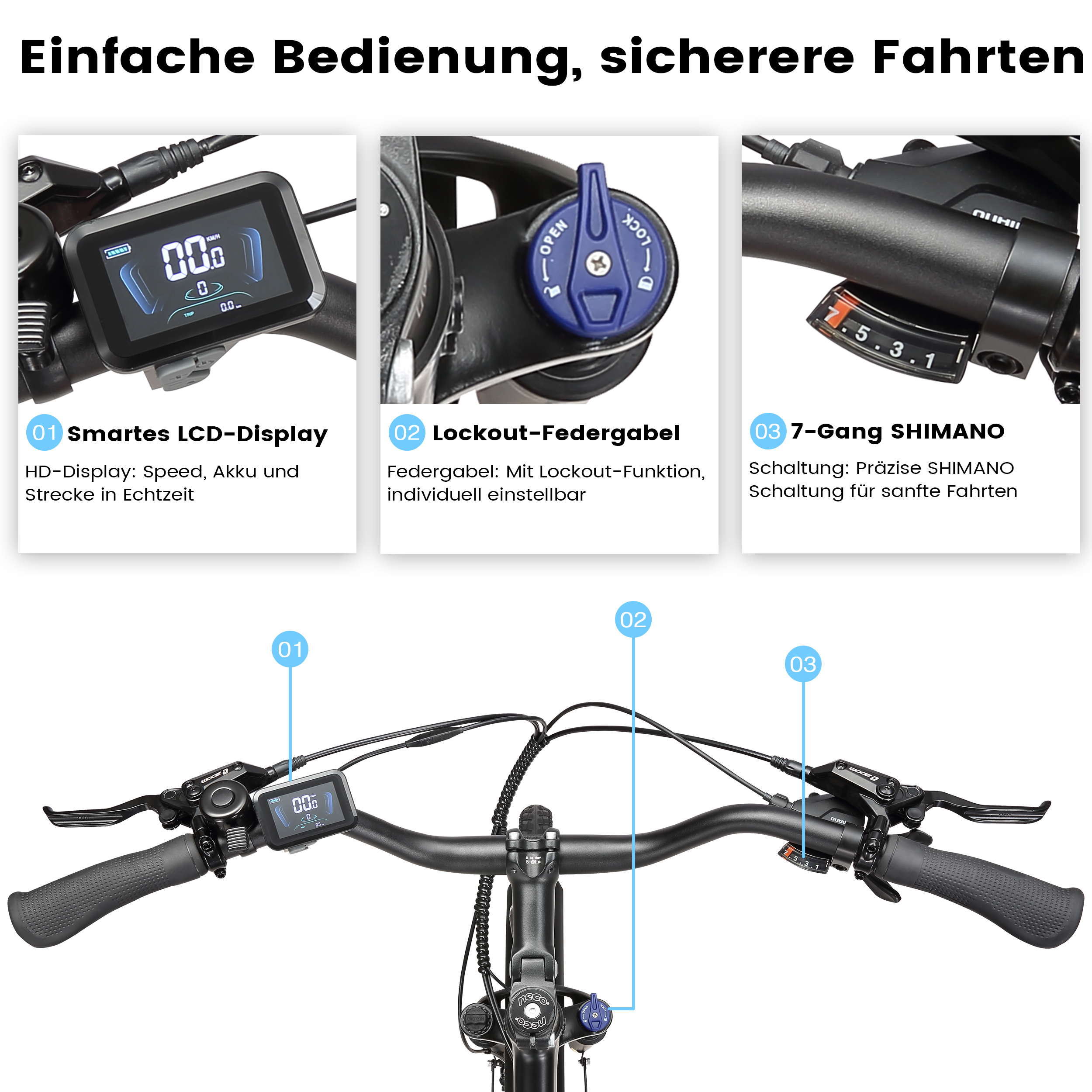 Details von einem Fahrradlenker: Display, Federgabel und Gangschaltung.