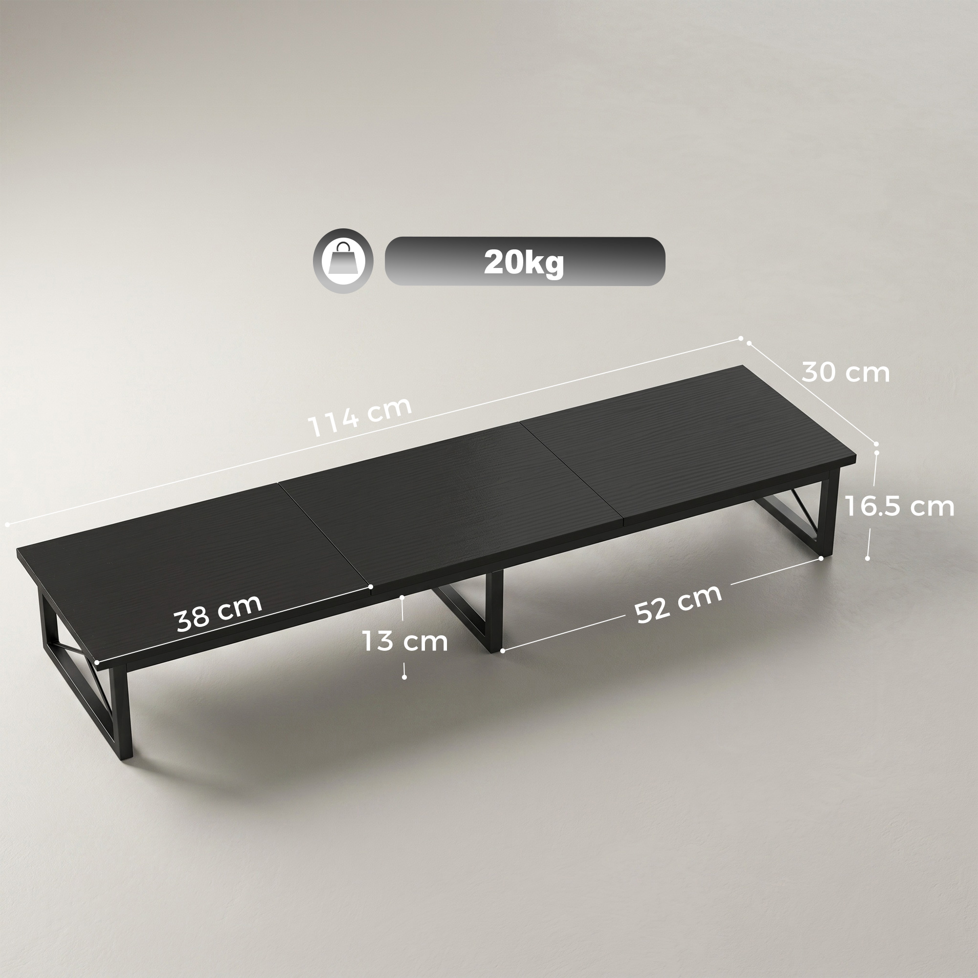 Tavolo rettangolare nero con gambe in metallo. Dimensioni: 114x38x16.5cm. Peso 20kg.