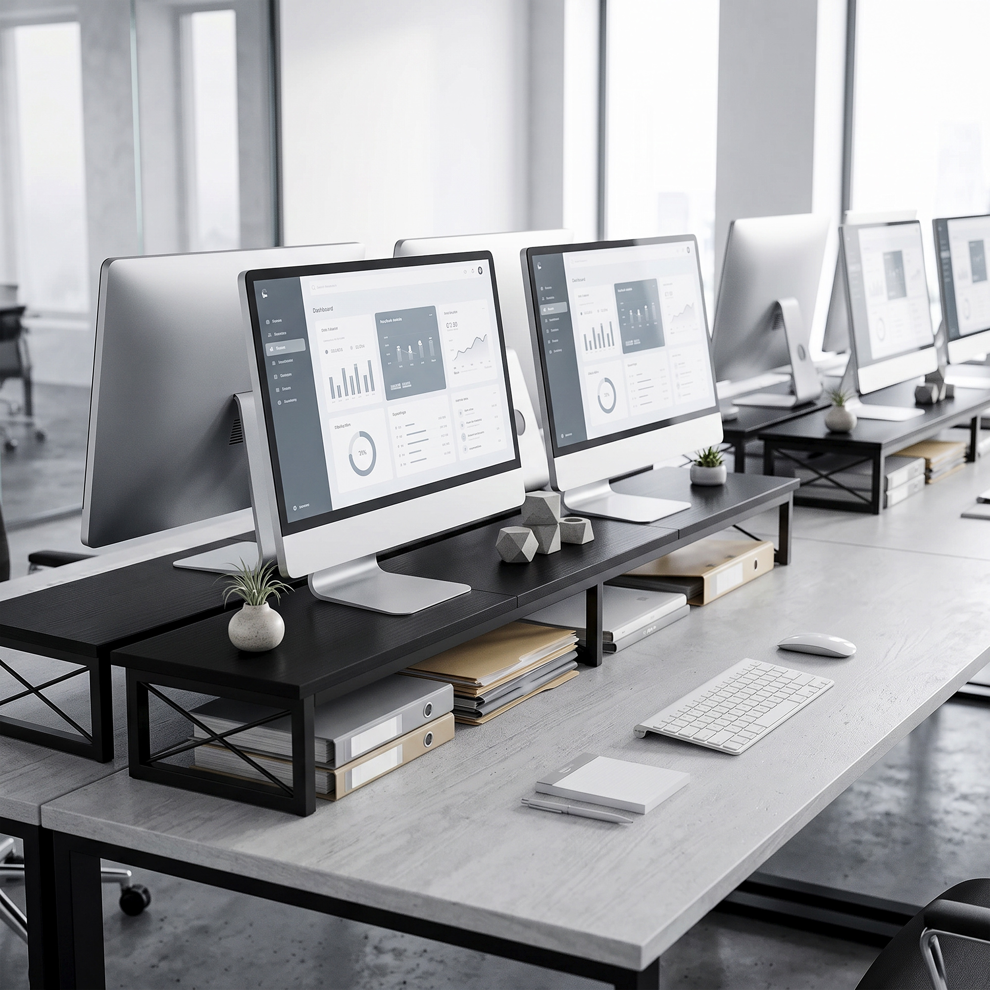 Ufficio moderno con scrivanie, computer e monitor che mostrano dashboard.