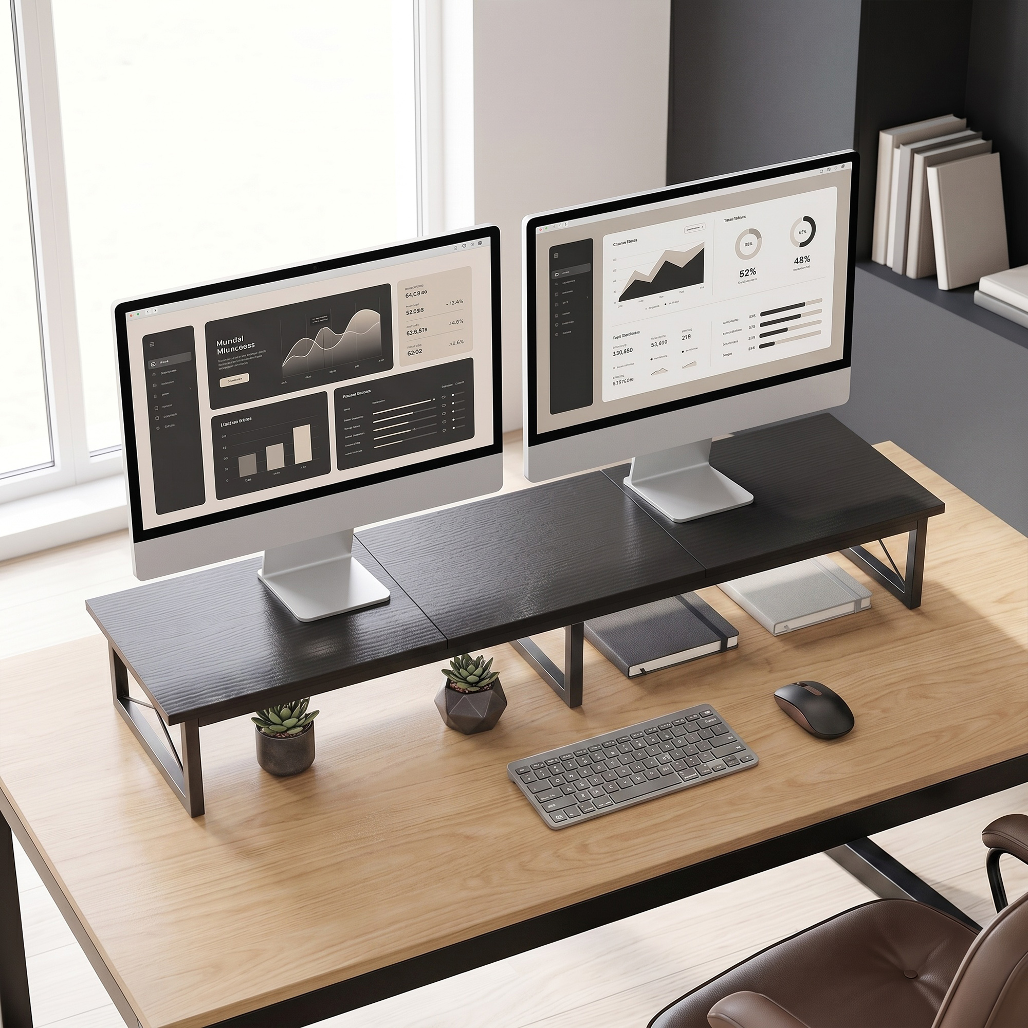 Due monitor di computer su una scrivania di legno con tastiera, mouse e piante.
