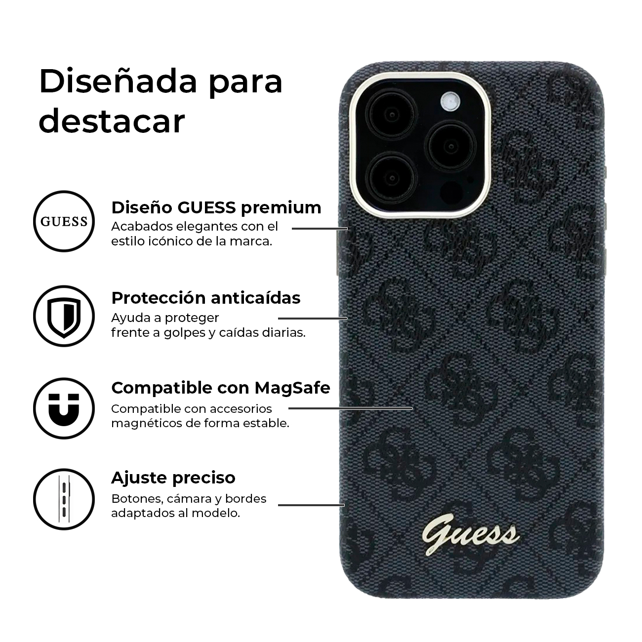 Funda gris Guess con patrón de logo repetido, corte de cámara y texto "Guess".