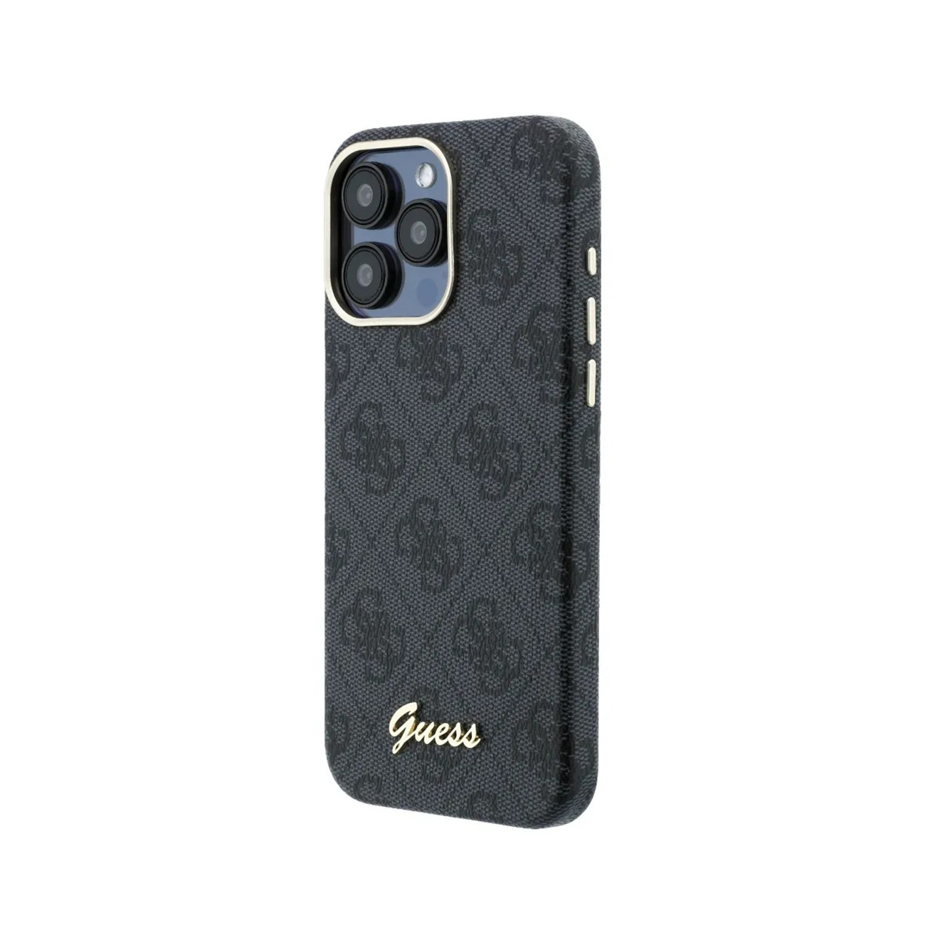 Funda de teléfono negra con logo Guess y tres lentes de cámara.