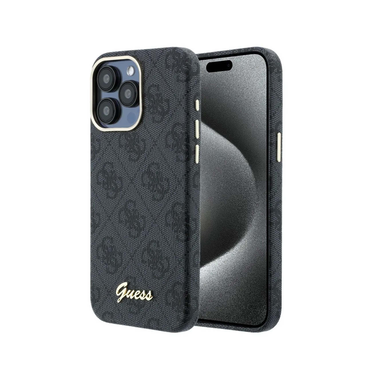 Funda de teléfono negra con logo Guess y tres lentes de cámara.