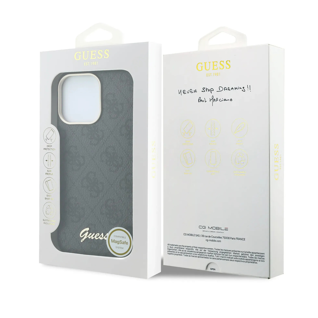 Funda gris GUESS con monograma y compatibilidad MagSafe en el embalaje.