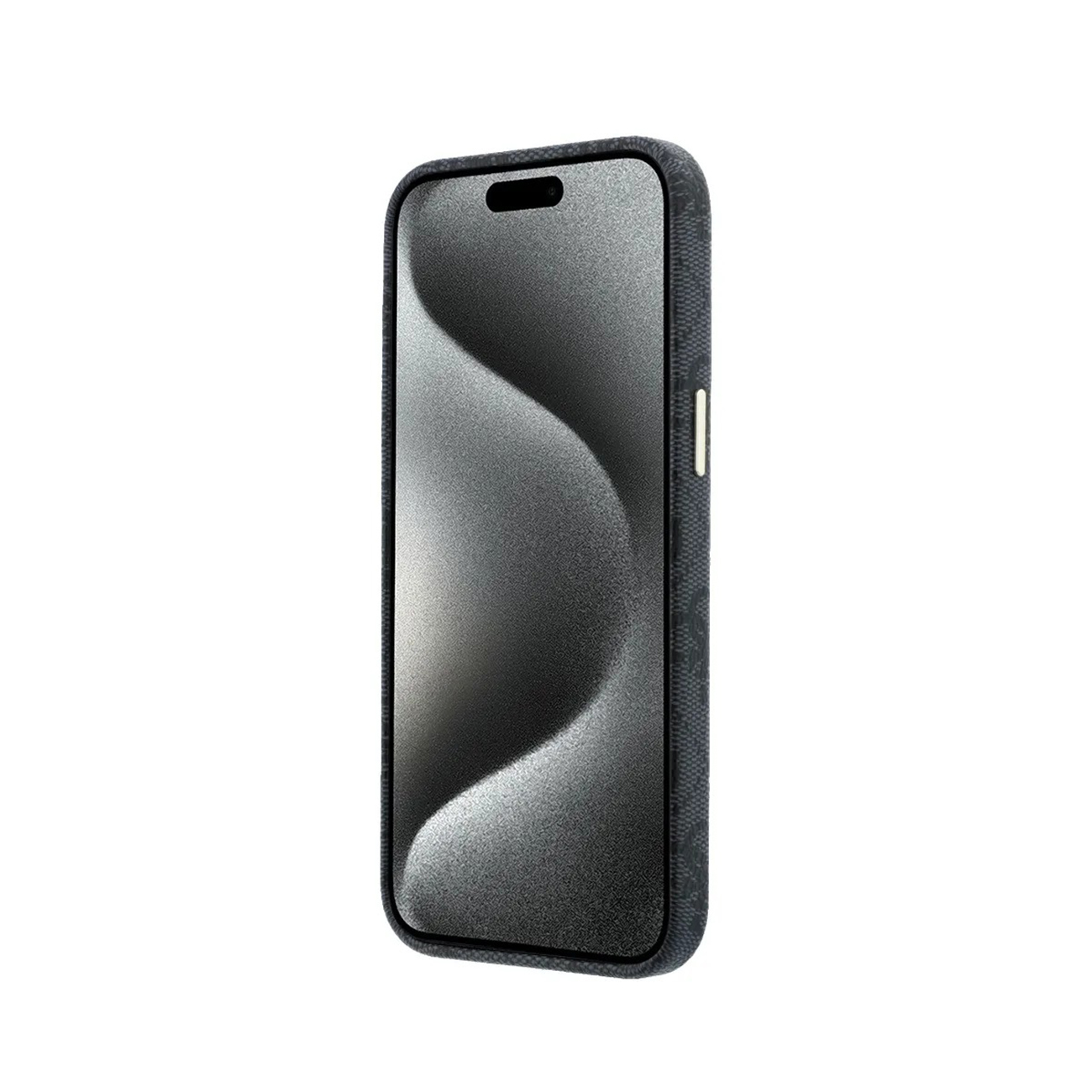 Funda de teléfono oscura con un patrón sobre fondo blanco.
