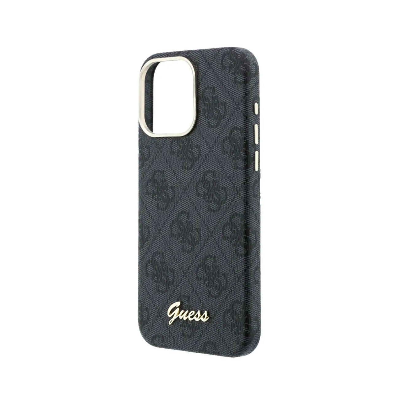 Una funda de teléfono negra con logo y patrón de Guess.