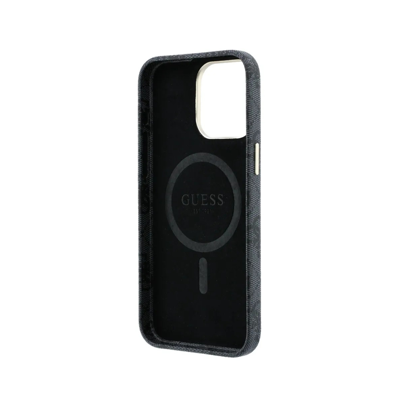Funda negra Guess con logo y patrón, sobre fondo blanco.
