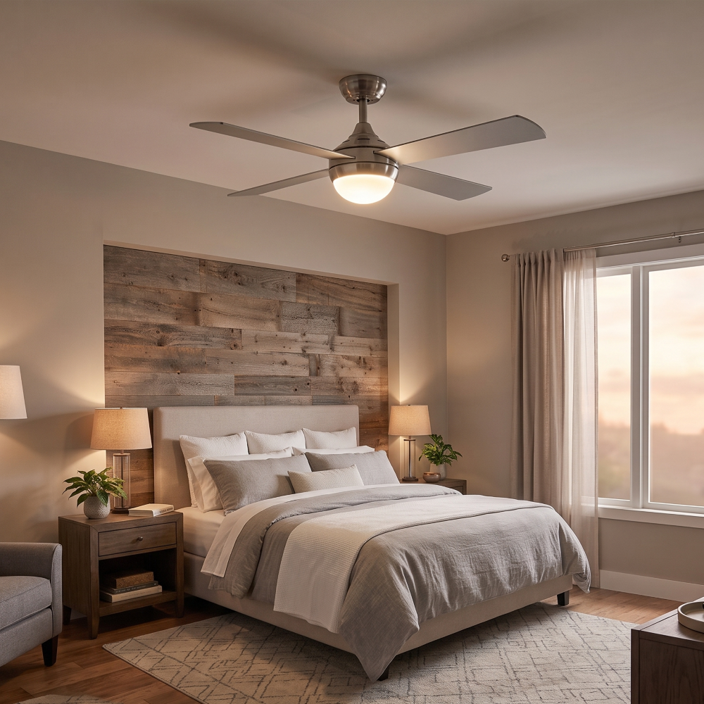 Un dormitorio con cama, mesitas de noche, ventilador de techo y ventana.