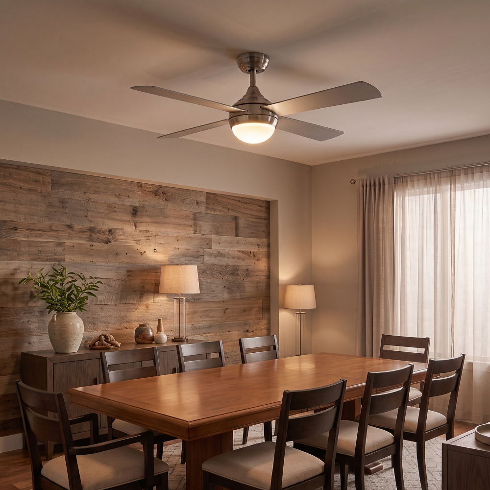 Un comedor con pared de acento de madera, mesa de madera, sillas y ventilador de techo.