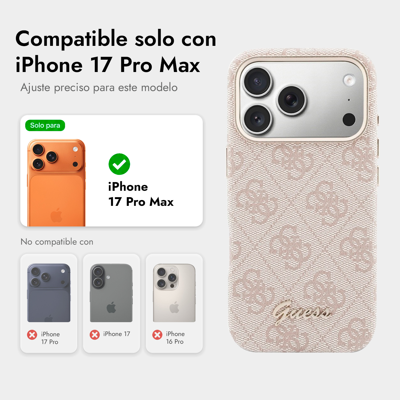 Una funda para iPhone 17 Pro Max con logo Guess en la parte trasera.