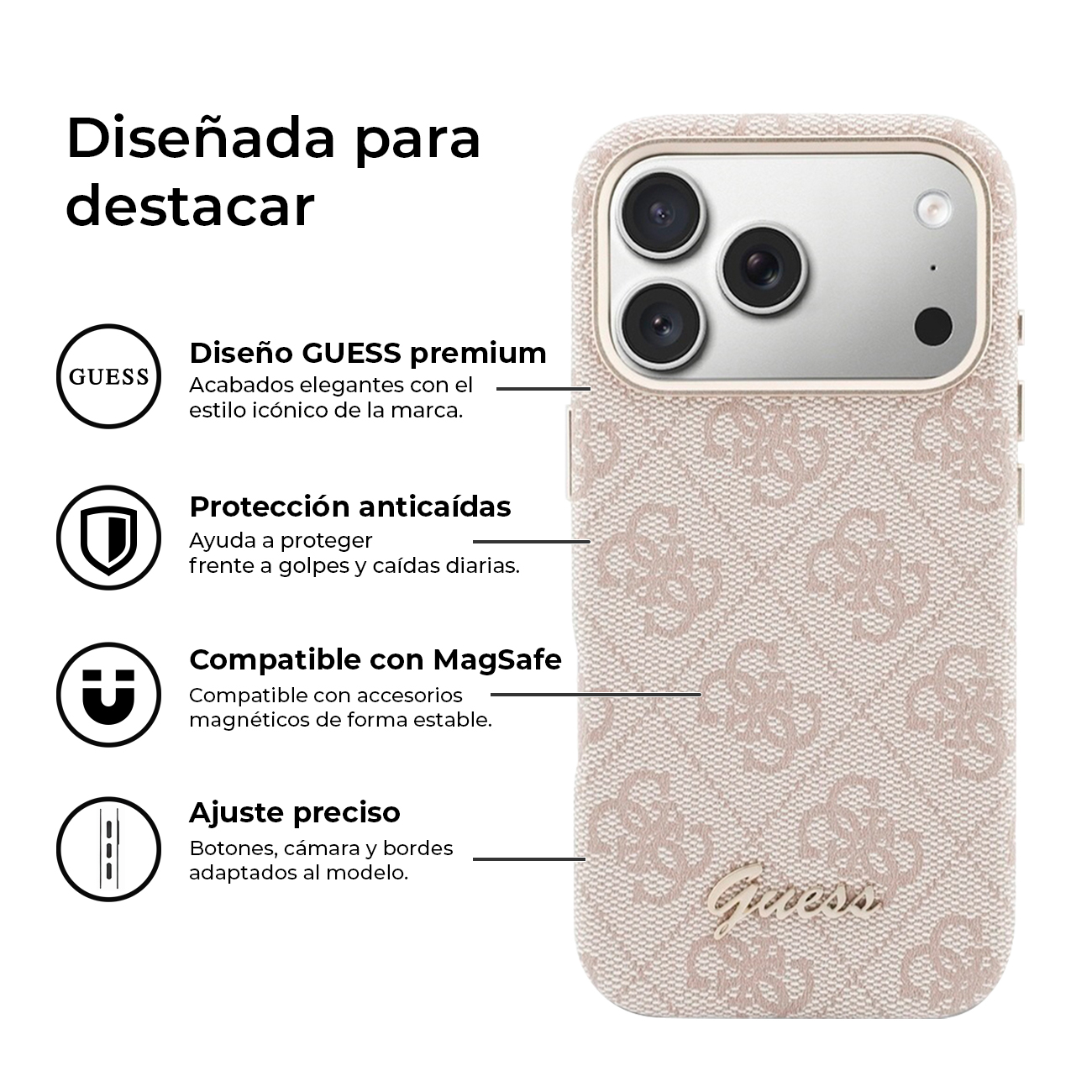 Funda beige Guess con estampado de logo, ajuste preciso para iPhone.