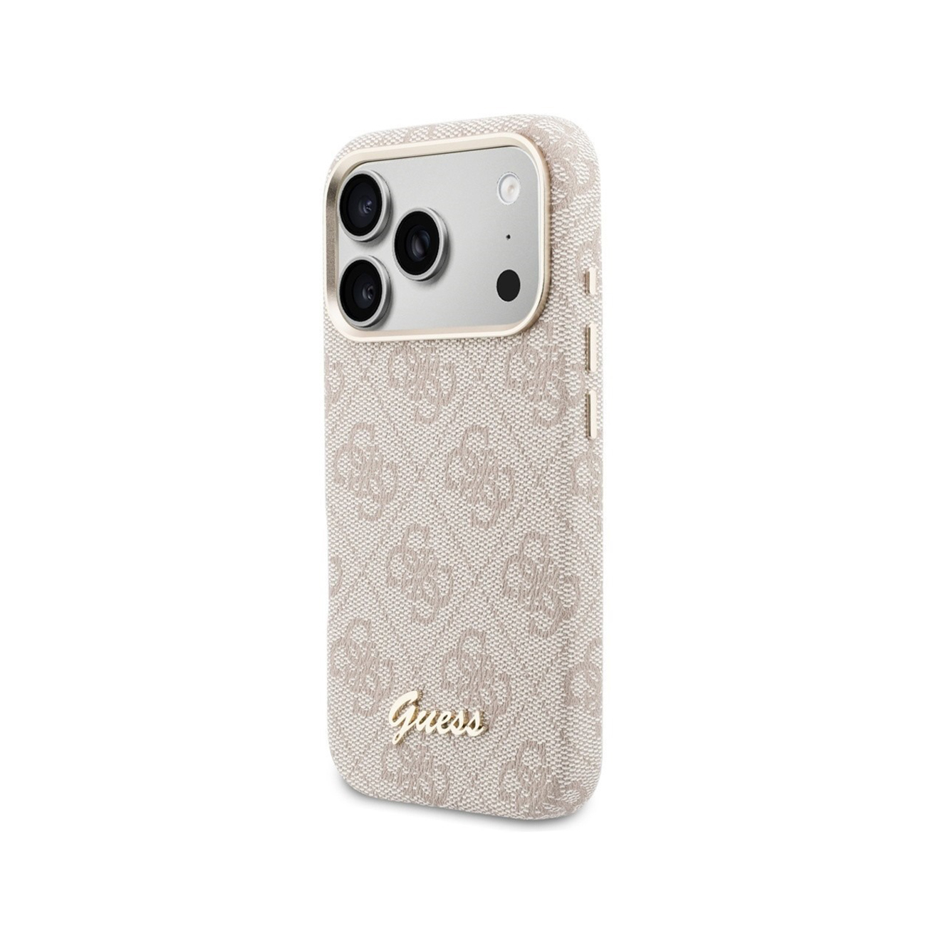 Una funda de teléfono beige con logo Guess y tres lentes de cámara.