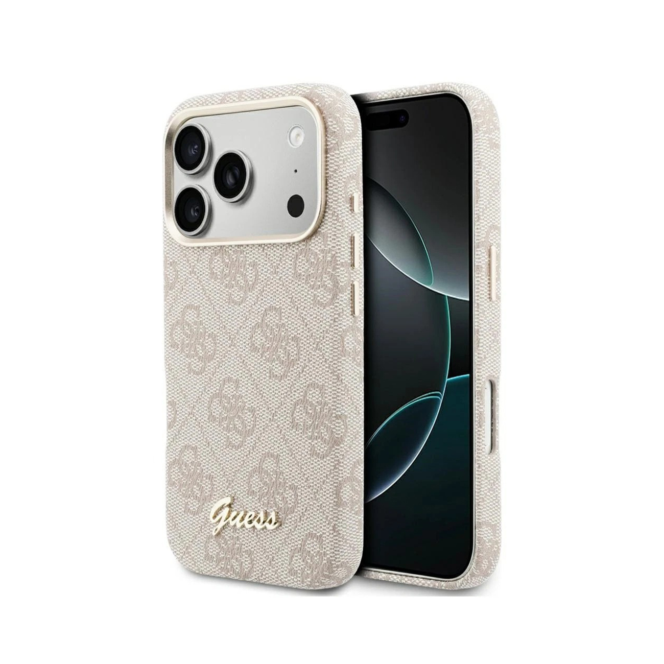 Una funda de teléfono beige con logo GUESS y recorte de cámara.