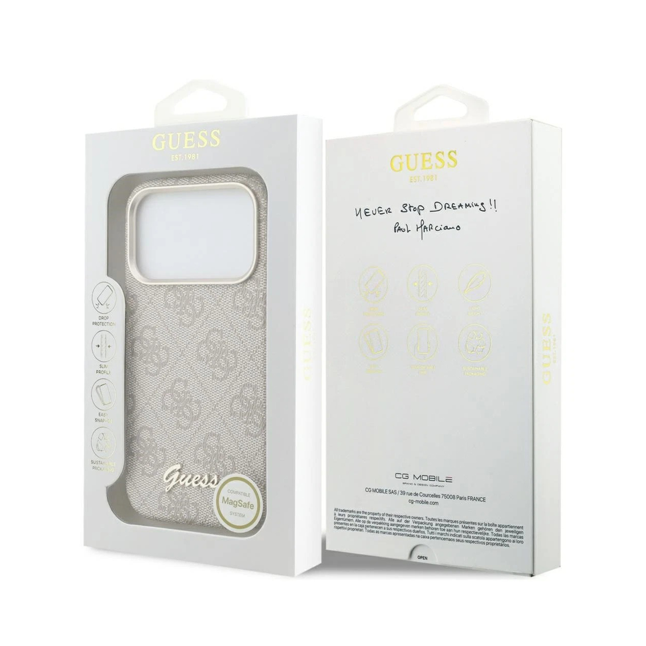 Funda Guess gris con estampado, en caja con marca.