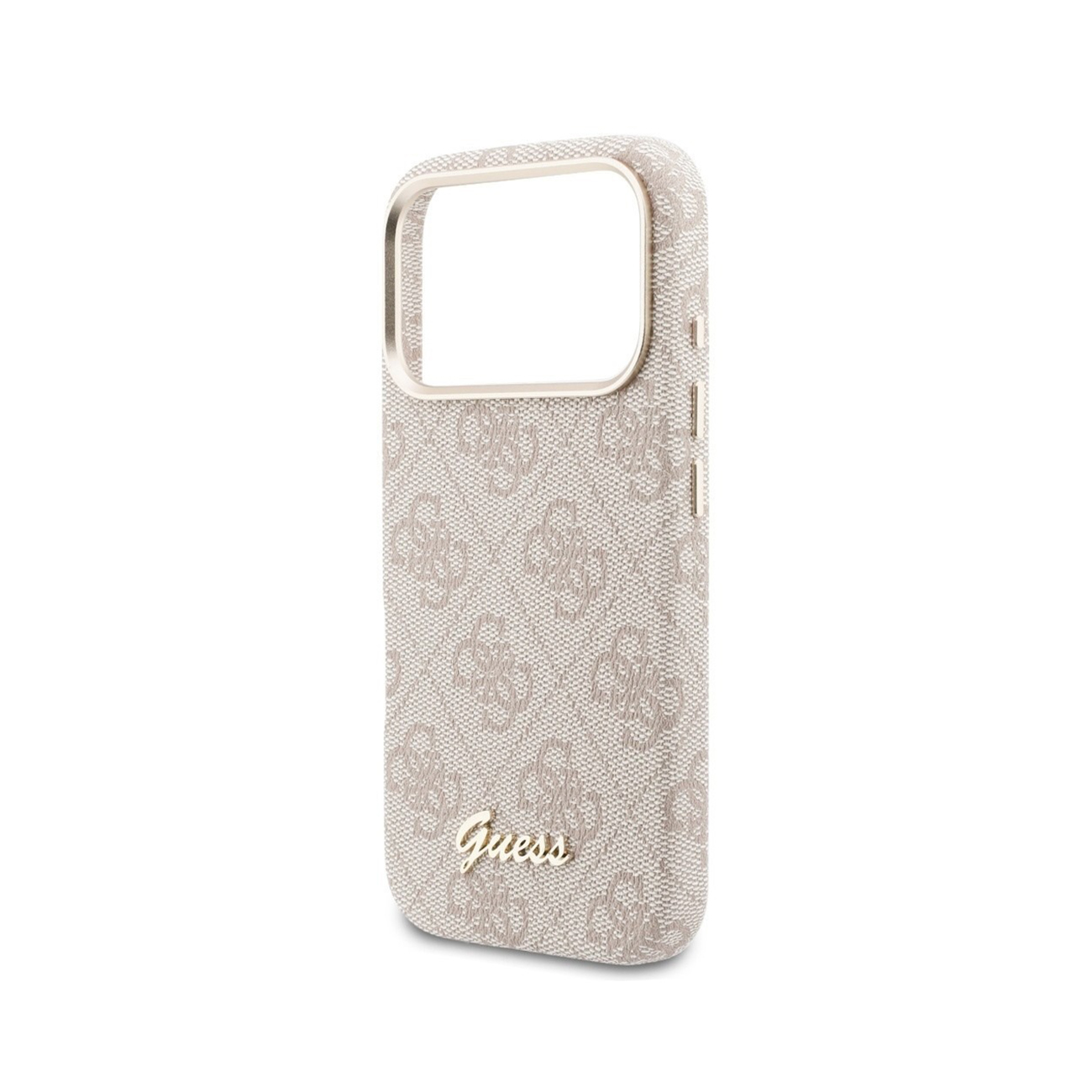 Una funda de teléfono beige con monograma GUESS y logo dorado.