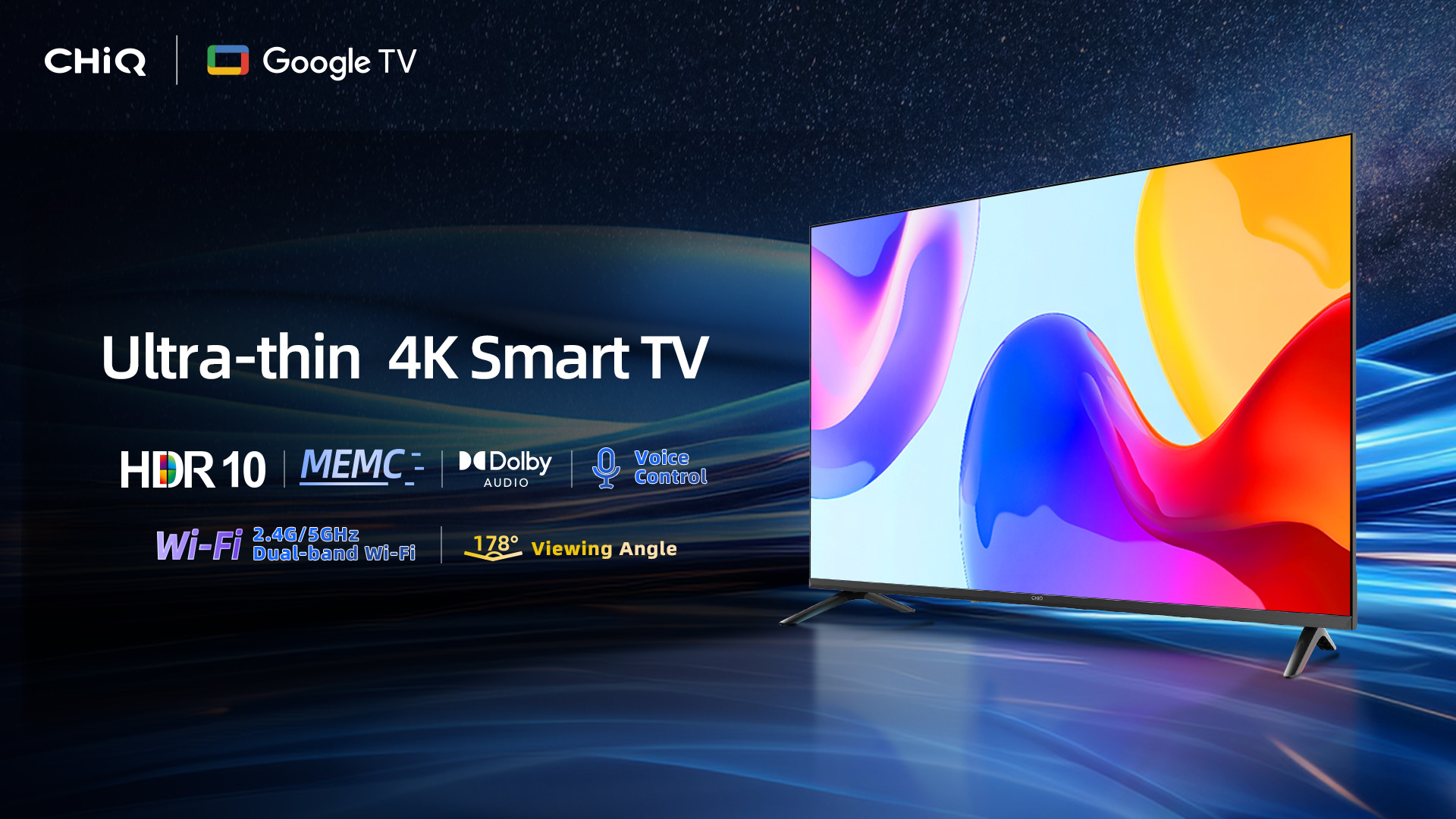 Ultracienki Smart TV 4K CHIQ z Google TV, HDR10, dźwiękiem Dolby.