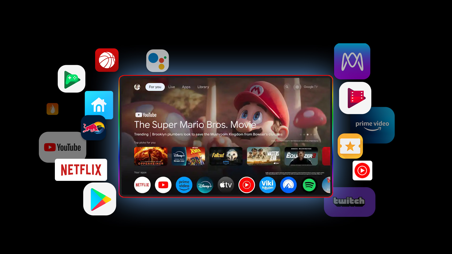 Ekran główny Google TV z Mario i ikonami aplikacji.