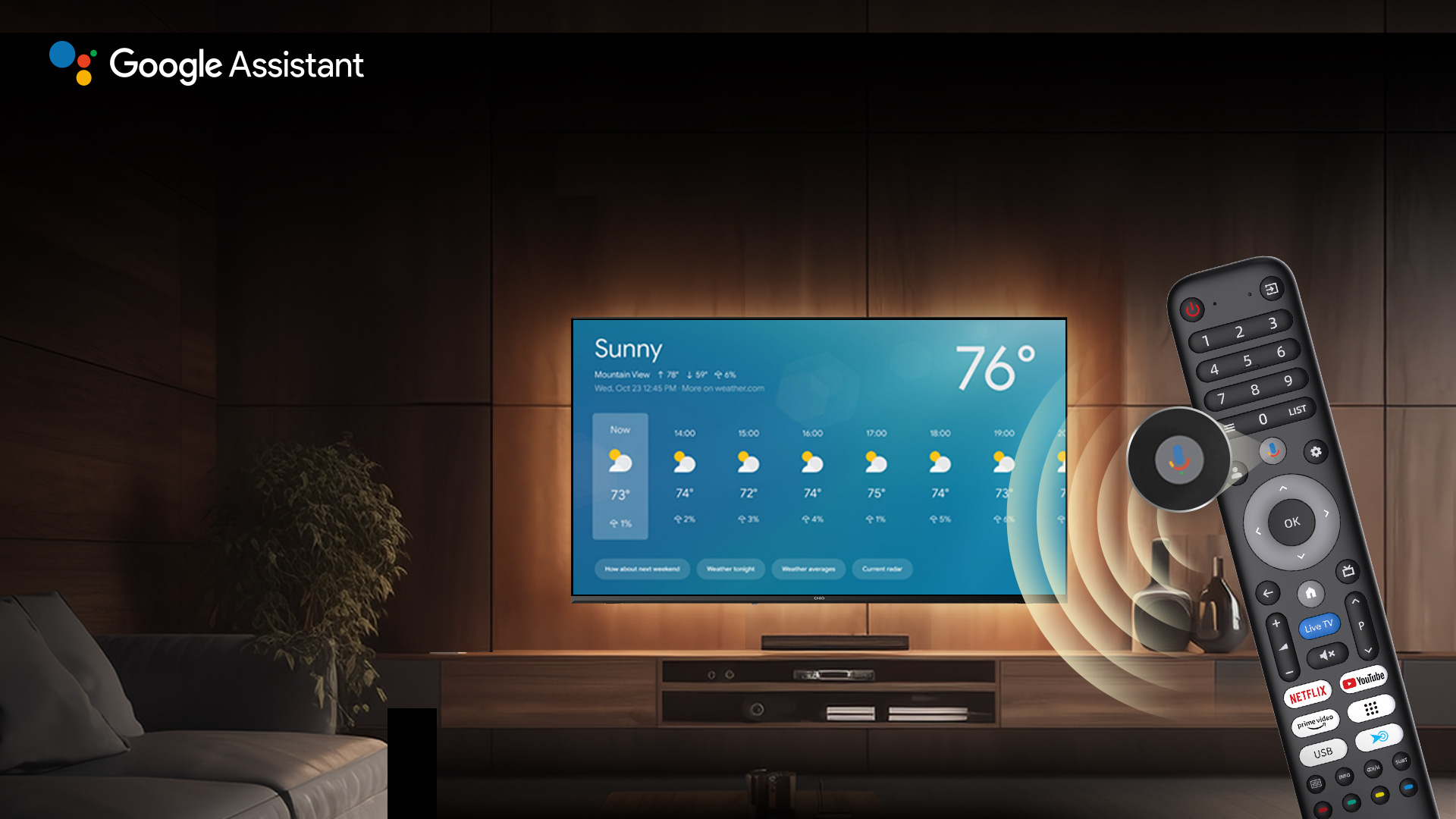 Pilot z logo Google Assistant przed smart TV wyświetlającym pogodę.