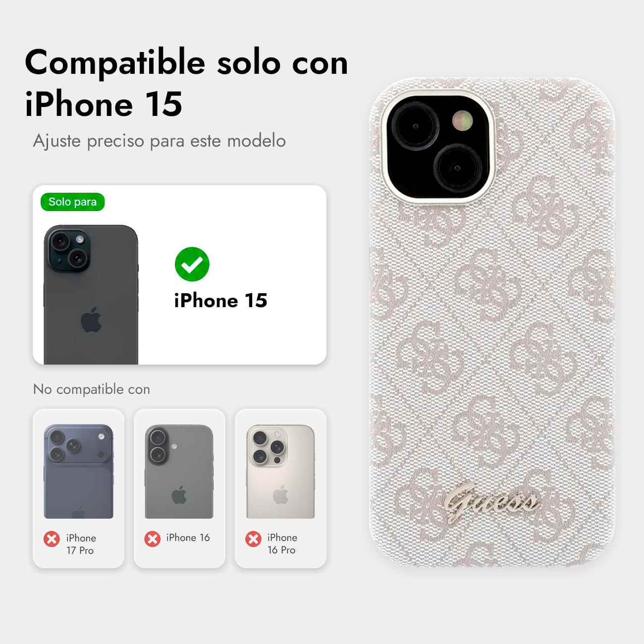 Funda para iPhone 15 con logo Guess. Compatible solo con iPhone 15.