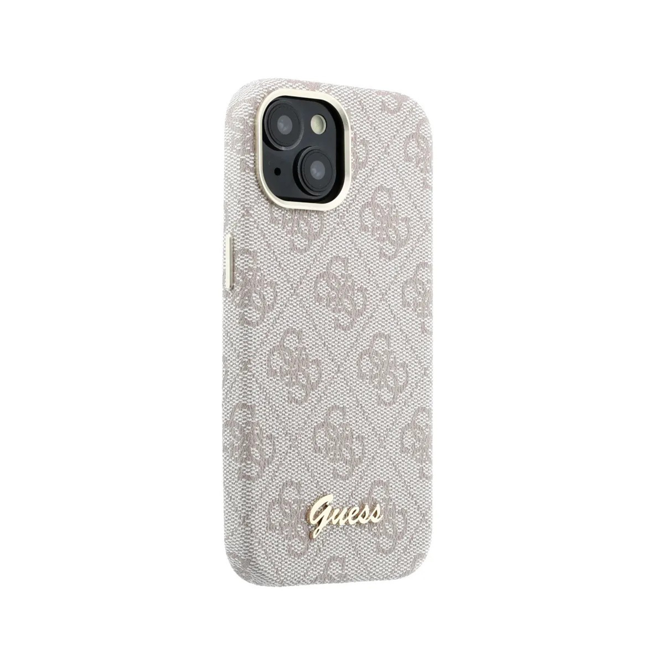 Funda de teléfono gris con logo de Guess y recorte de cámara.