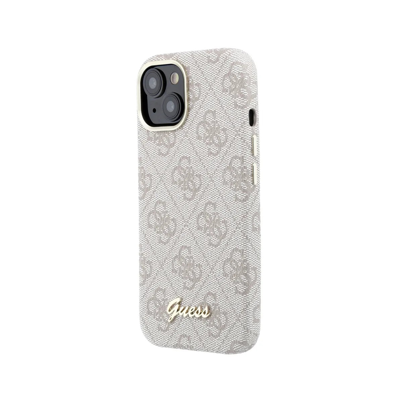 Una funda de teléfono blanca con logo y patrón de Guess.