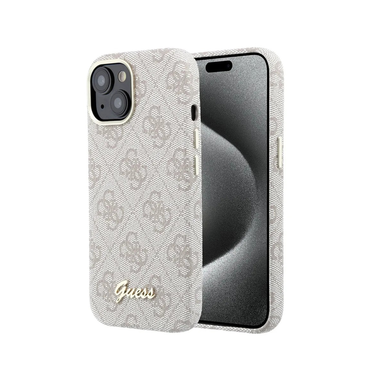 Una funda de teléfono gris claro con logo GUESS y recorte de cámara.