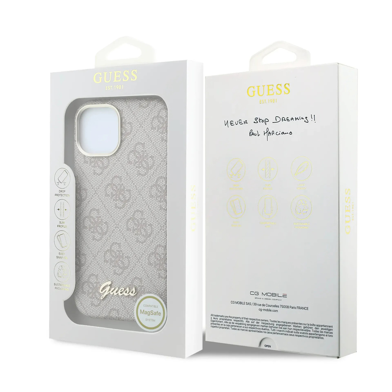 Funda de teléfono Guess gris con patrón de monograma y compatibilidad MagSafe en embalaje.