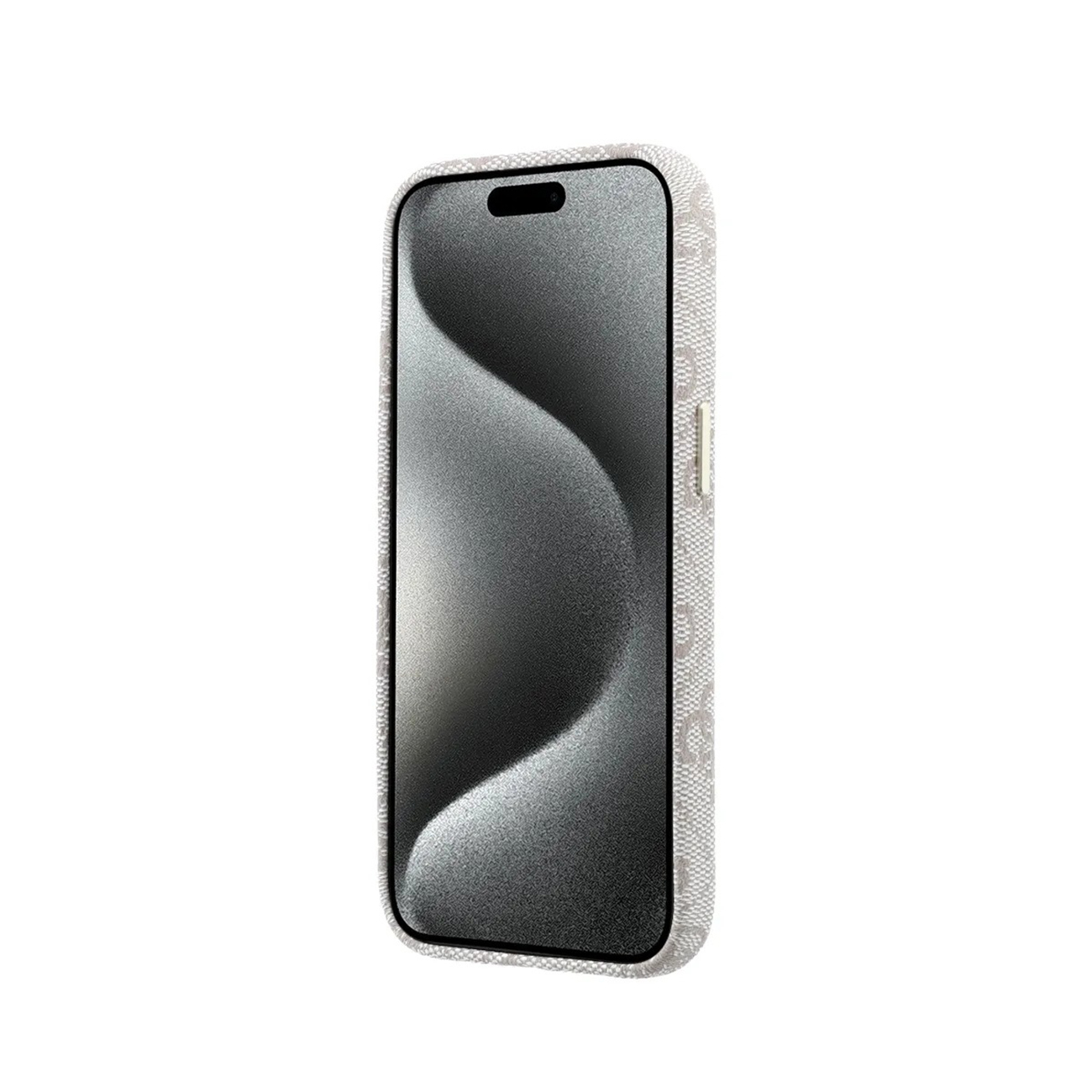 Un teléfono blanco con patrón y pantalla oscura se muestra sobre fondo blanco.