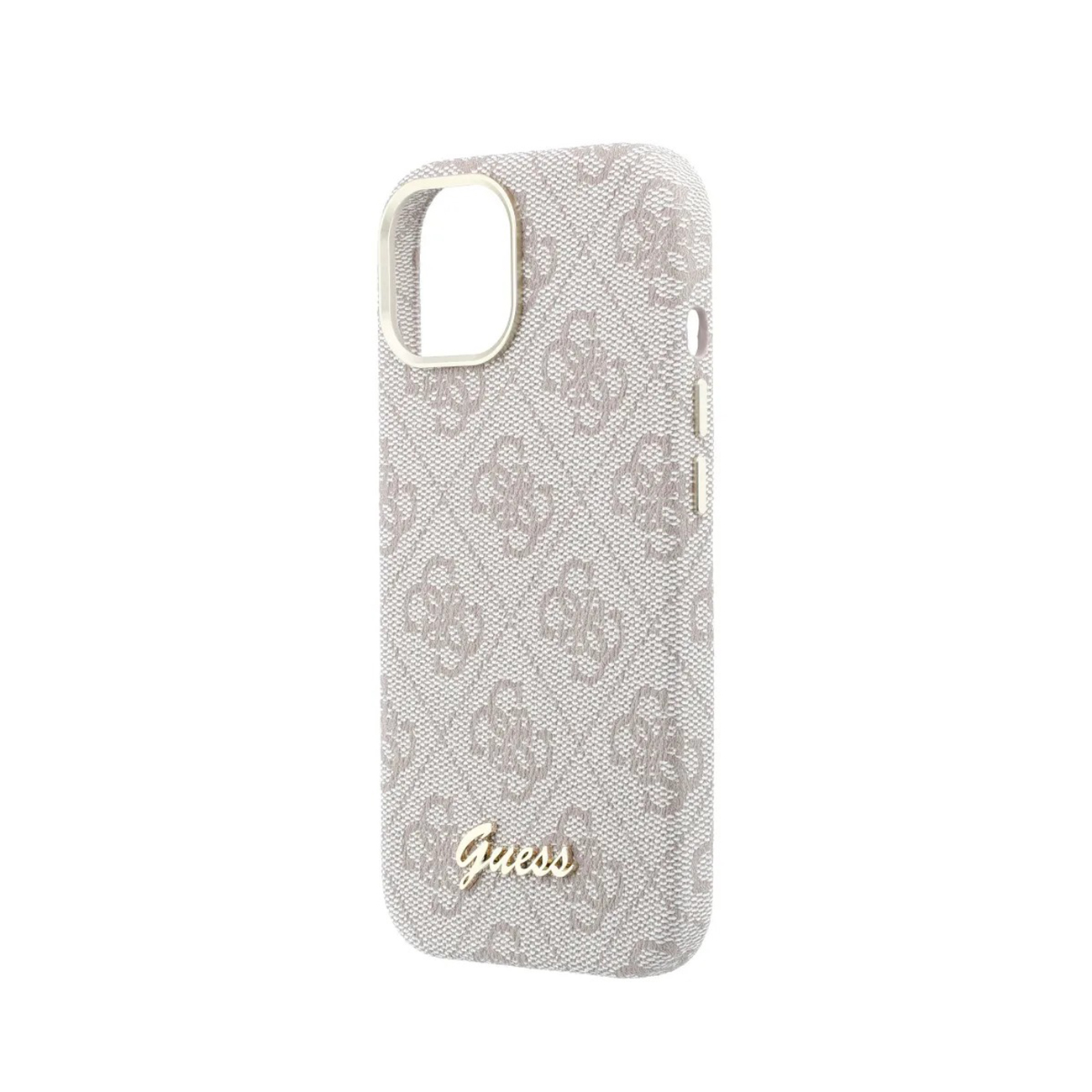 Una funda beige Guess con patrón de logo repetitivo y letras doradas.