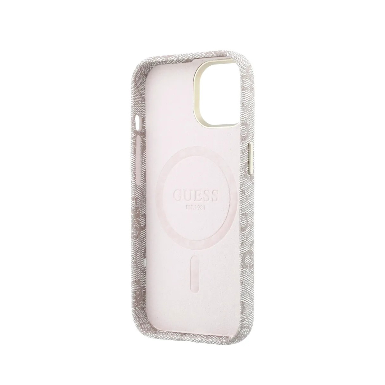 Una funda de teléfono Guess beige y gris con patrón de logo repetido y anillo magnético.
