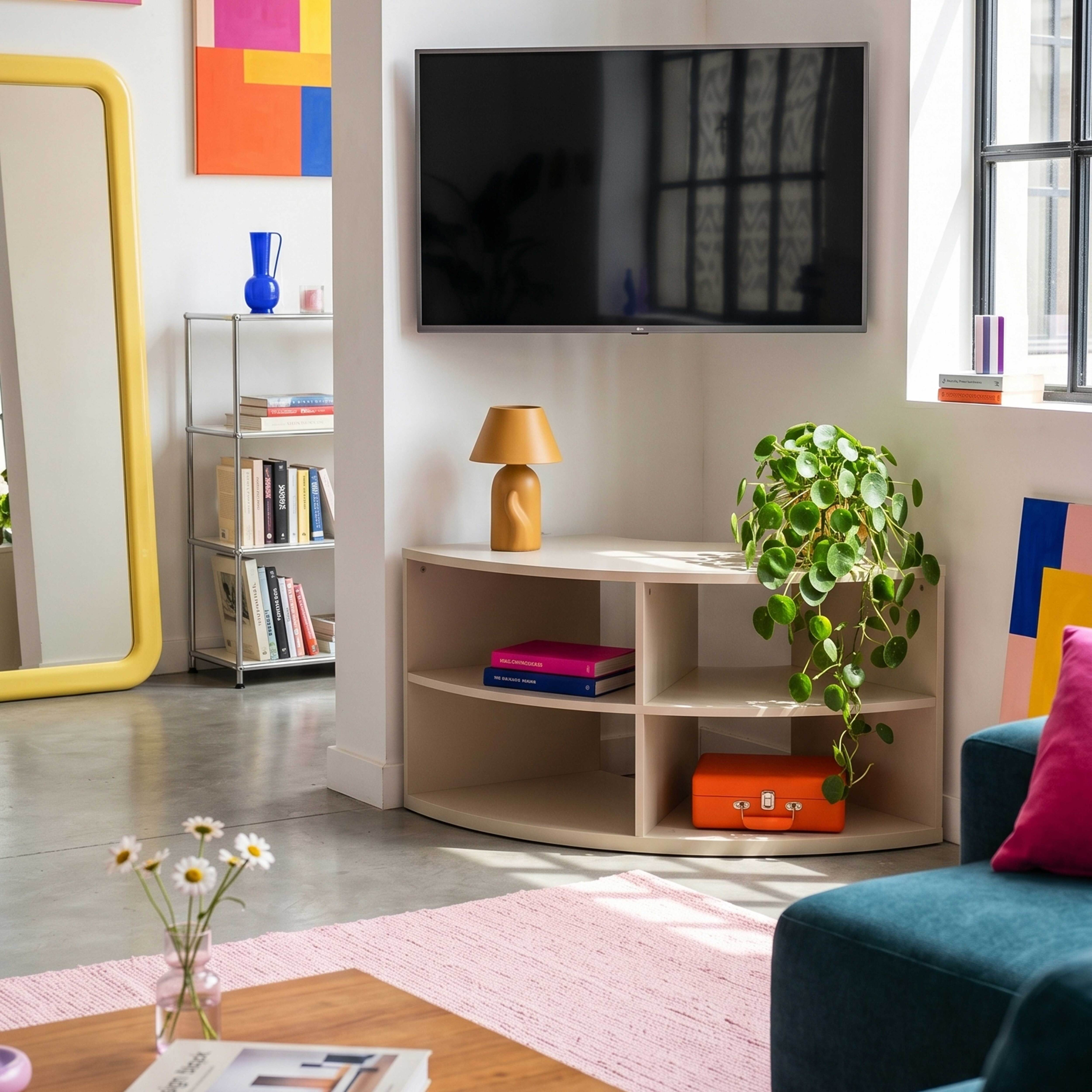 Ein Wohnzimmer mit einem Fernseher, einem runden Beistelltisch und einem Sofa.
