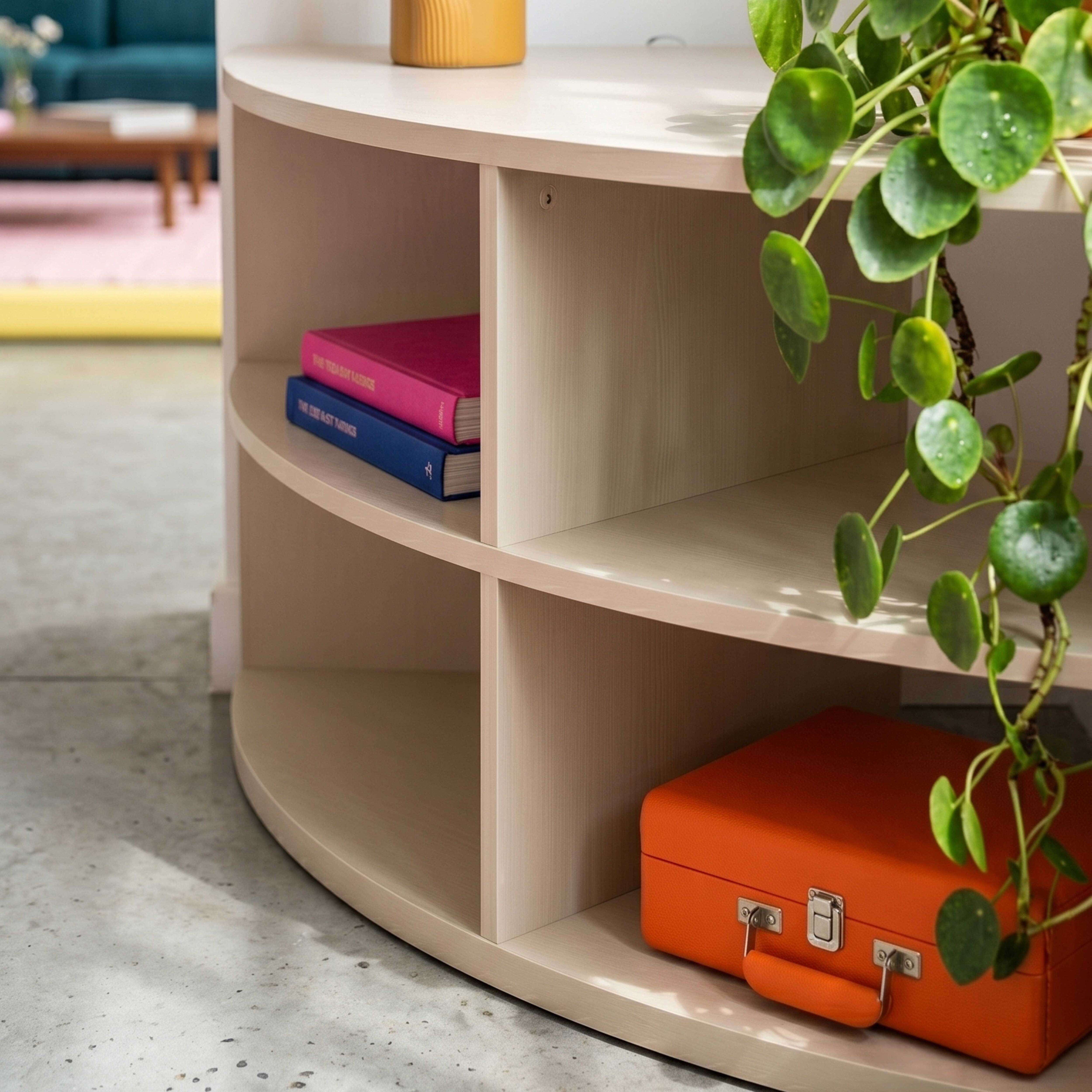 Ein orangefarbener Koffer steht auf einem Regal neben Büchern und einer Pflanze.