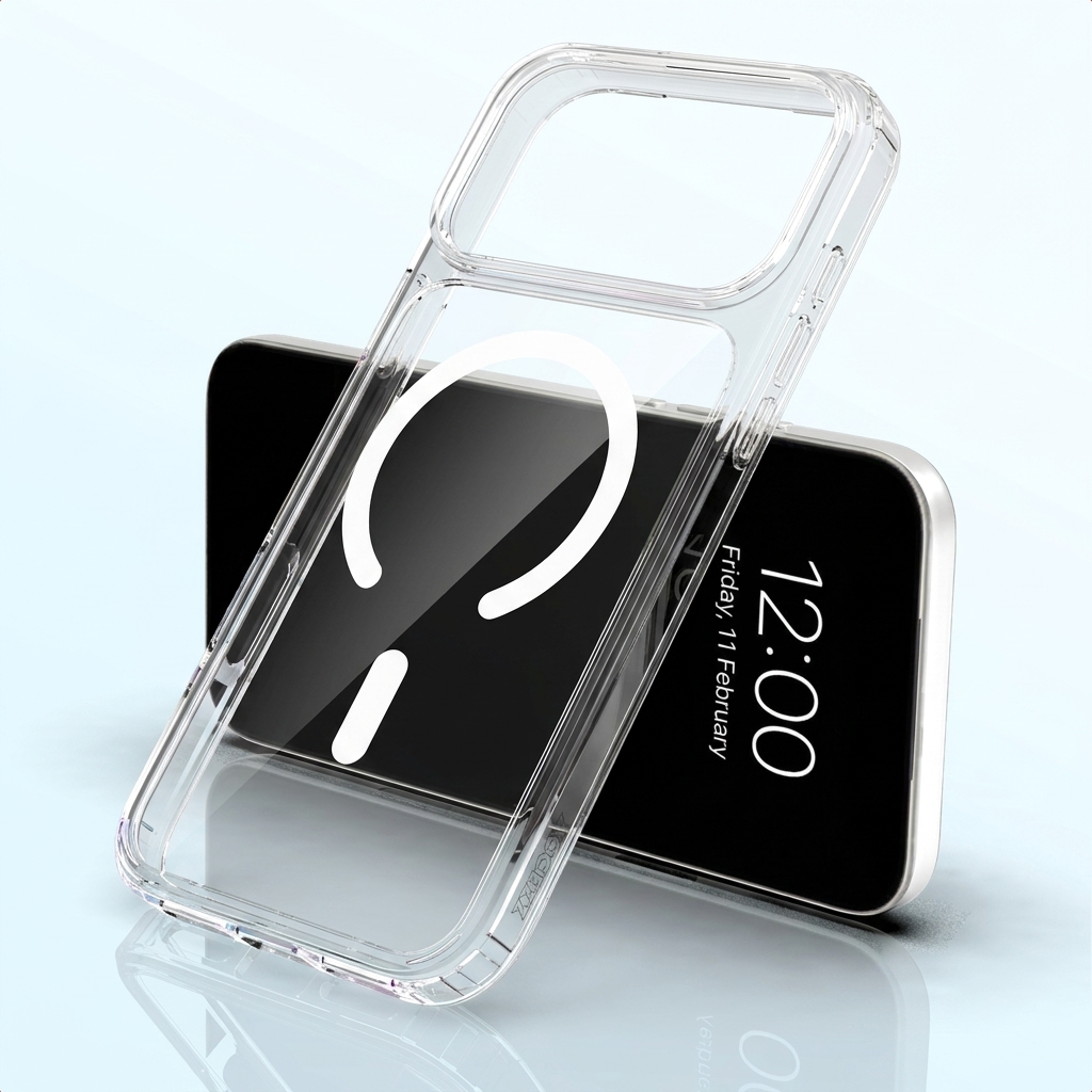A clear phone case lies on a black phone.