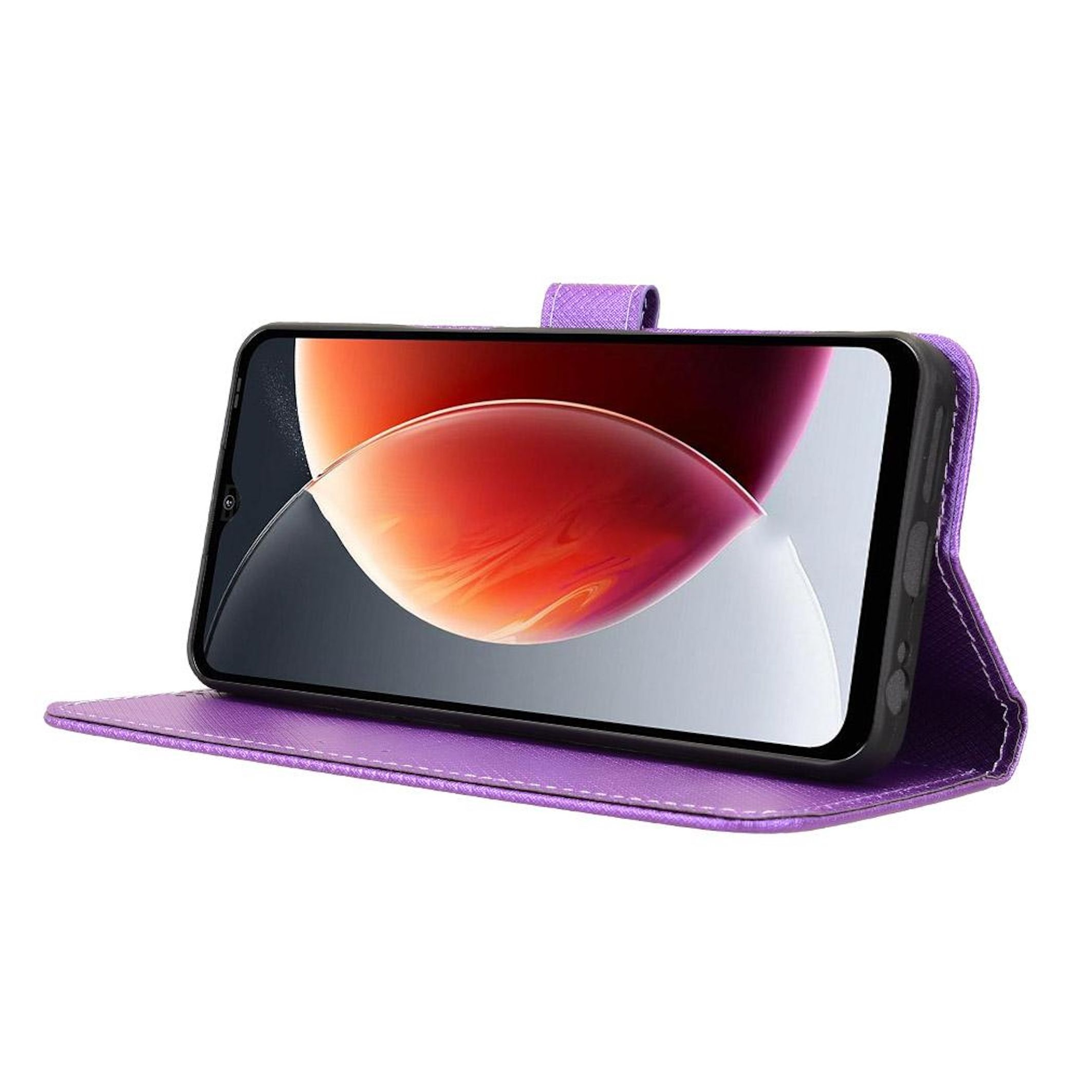 Ein lila Handyhülle mit einem Smartphone, das einen roten und orangen Hintergrund zeigt.
