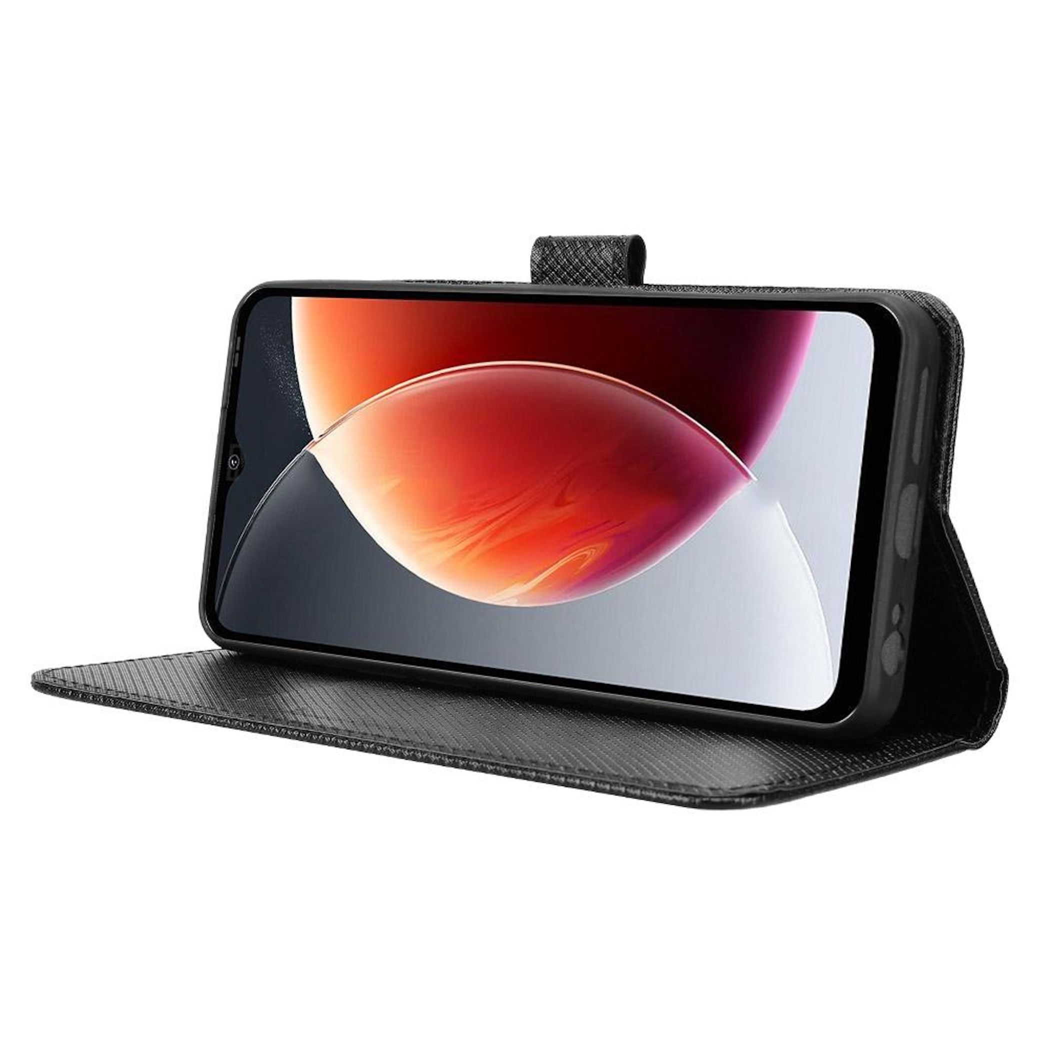 Ein schwarzes Smartphone mit einem orangen, abstrakten Hintergrund in einem geöffneten Klappetui.
