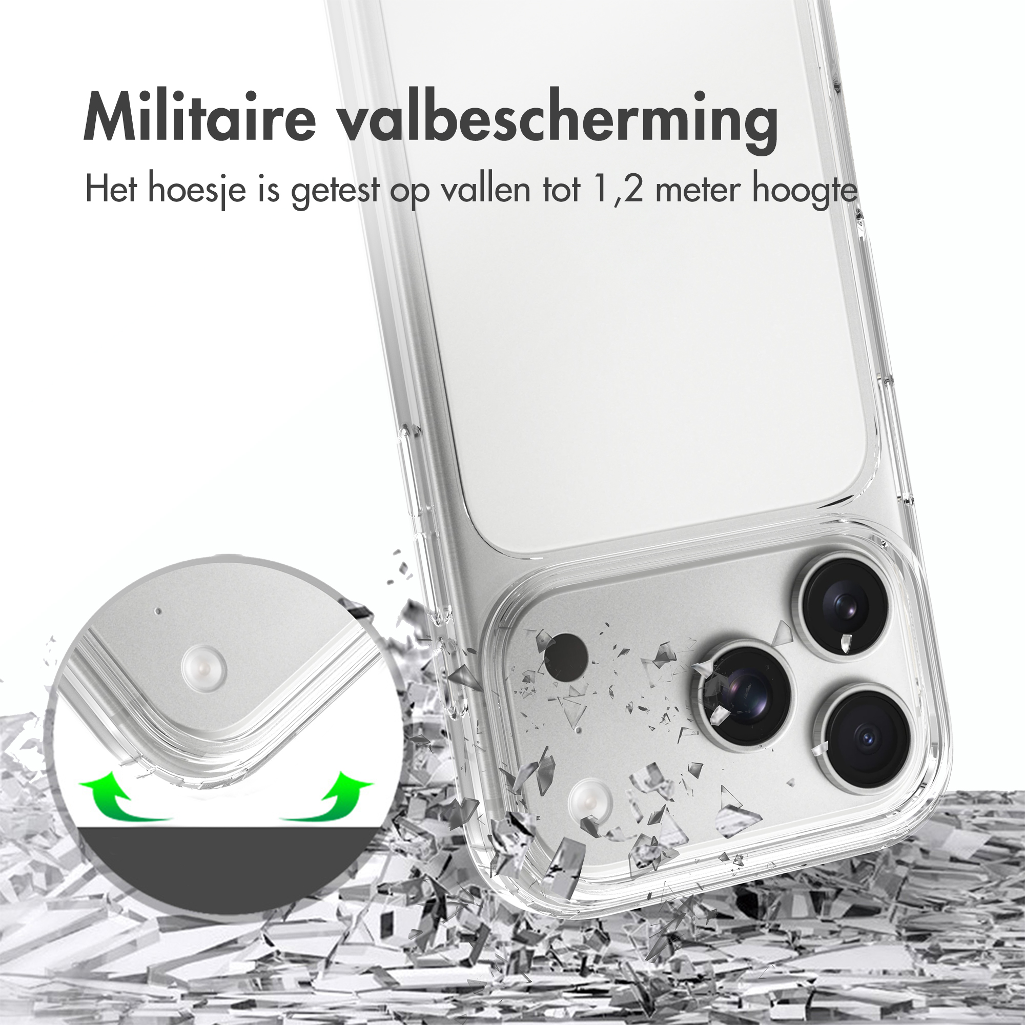Transparente Handyhülle mit militärischem Fallschutz, getestet aus 1,2m Höhe.